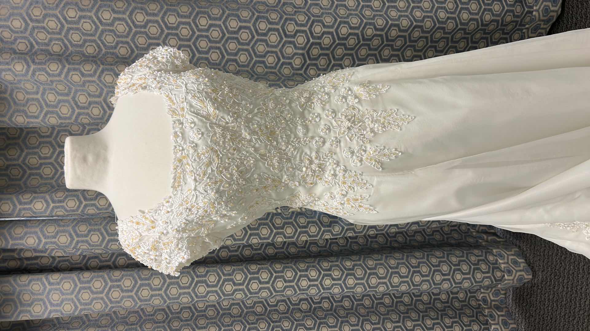 Photo 1 of "BRIDAL GOWN "ALFRED ANGELS" ORGANZA, SQUARE NECK, CAP SLEEVE, EMBROIDERED BODICE, A-LINE, FULL TRAIN WITH LACE EDGE SIZE 10