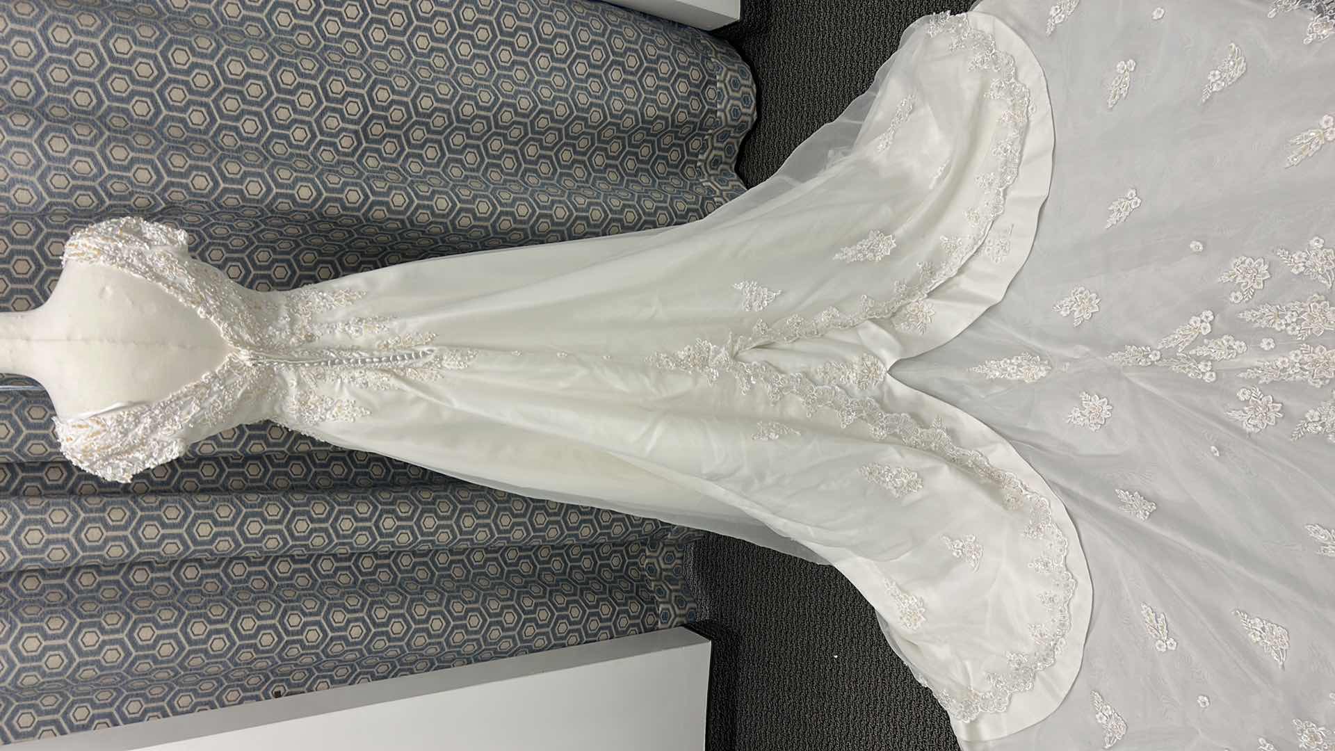 Photo 1 of "BRIDAL GOWN "ALFRED ANGELS" ORGANZA, SQUARE NECK, CAP SLEEVE, EMBROIDERED BODICE, A-LINE, FULL TRAIN WITH LACE EDGE SIZE 10