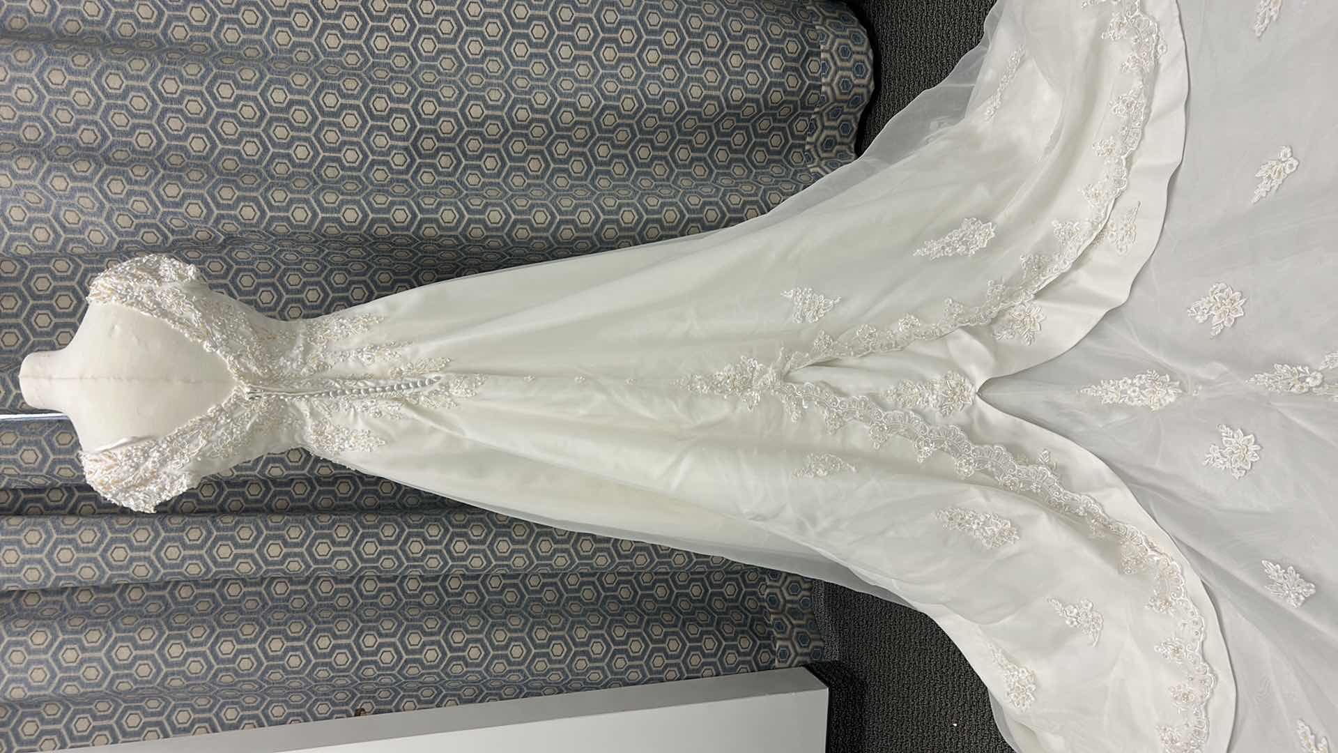 Photo 1 of "BRIDAL GOWN "ALFRED ANGELS" ORGANZA, SQUARE NECK, CAP SLEEVE, EMBROIDERED BODICE, A-LINE, FULL TRAIN WITH LACE EDGE SIZE 10