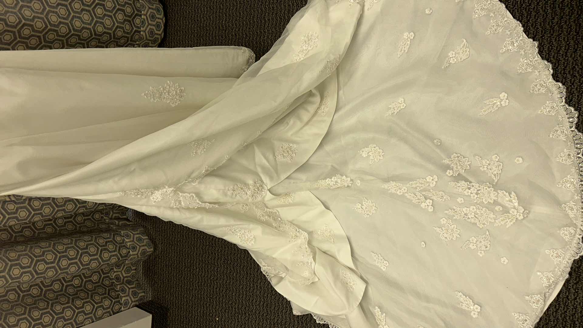 Photo 1 of "BRIDAL GOWN "ALFRED ANGELS" ORGANZA, SQUARE NECK, CAP SLEEVE, EMBROIDERED BODICE, A-LINE, FULL TRAIN WITH LACE EDGE SIZE 10