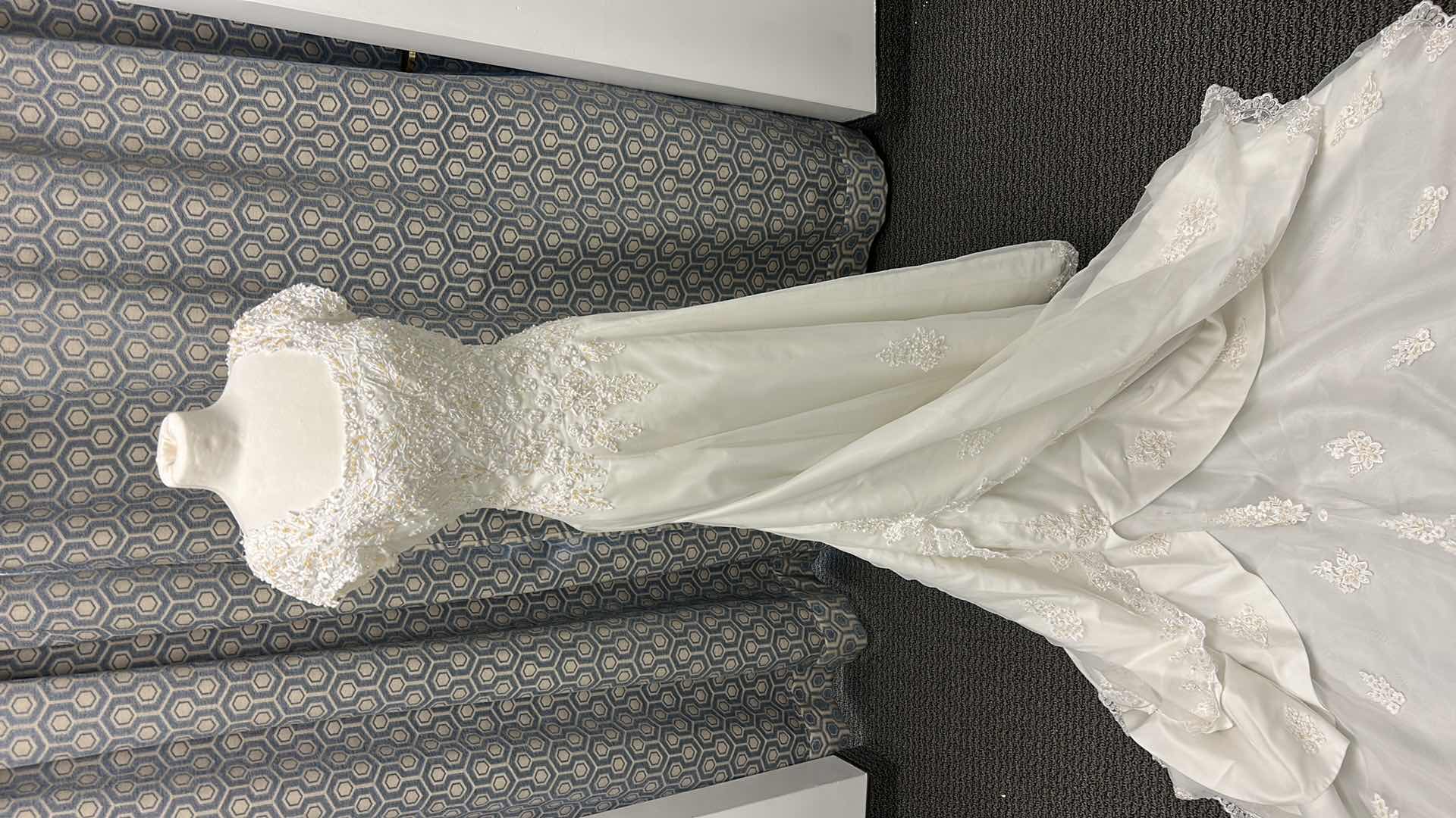 Photo 1 of "BRIDAL GOWN "ALFRED ANGELS" ORGANZA, SQUARE NECK, CAP SLEEVE, EMBROIDERED BODICE, A-LINE, FULL TRAIN WITH LACE EDGE SIZE 10