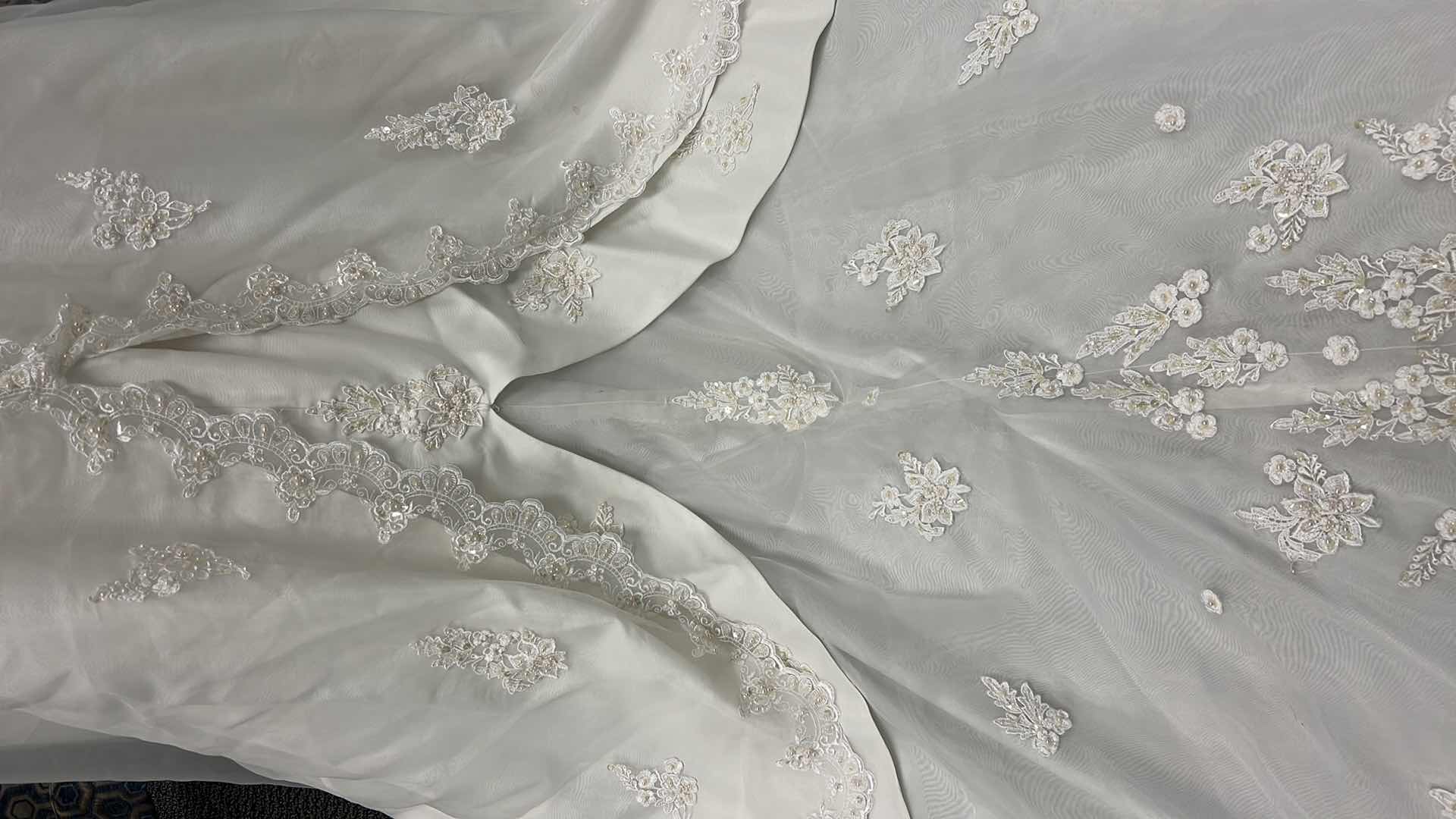 Photo 1 of "BRIDAL GOWN "ALFRED ANGELS" ORGANZA, SQUARE NECK, CAP SLEEVE, EMBROIDERED BODICE, A-LINE, FULL TRAIN WITH LACE EDGE SIZE 10