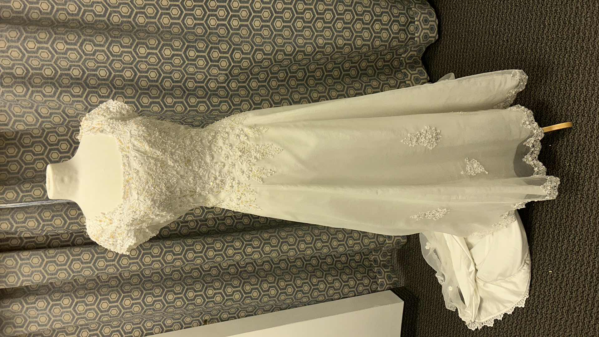 Photo 1 of "BRIDAL GOWN "ALFRED ANGELS" ORGANZA, SQUARE NECK, CAP SLEEVE, EMBROIDERED BODICE, A-LINE, FULL TRAIN WITH LACE EDGE SIZE 10
