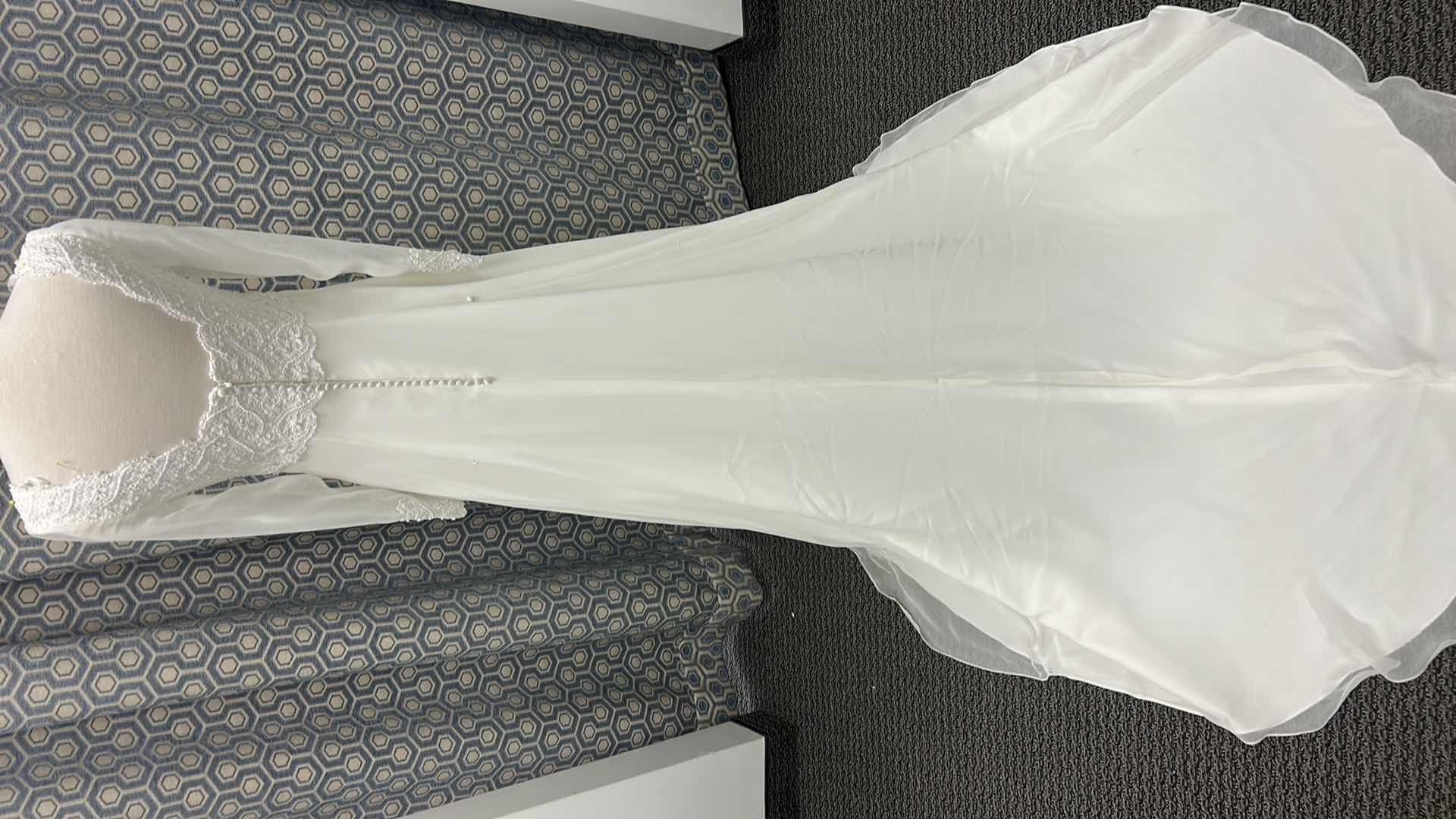 Photo 1 of BRIDAL GOWN "BRIDAL ELEGANCE", VINTAGE STYLE WHITE WEDDING GOWN WITH LONG SHEER SLEEVES, SQUARE NECKLINGE, LACE BODICE, CHIFFON SKIRT WITH CHAPEL TRAIN SIZE 8