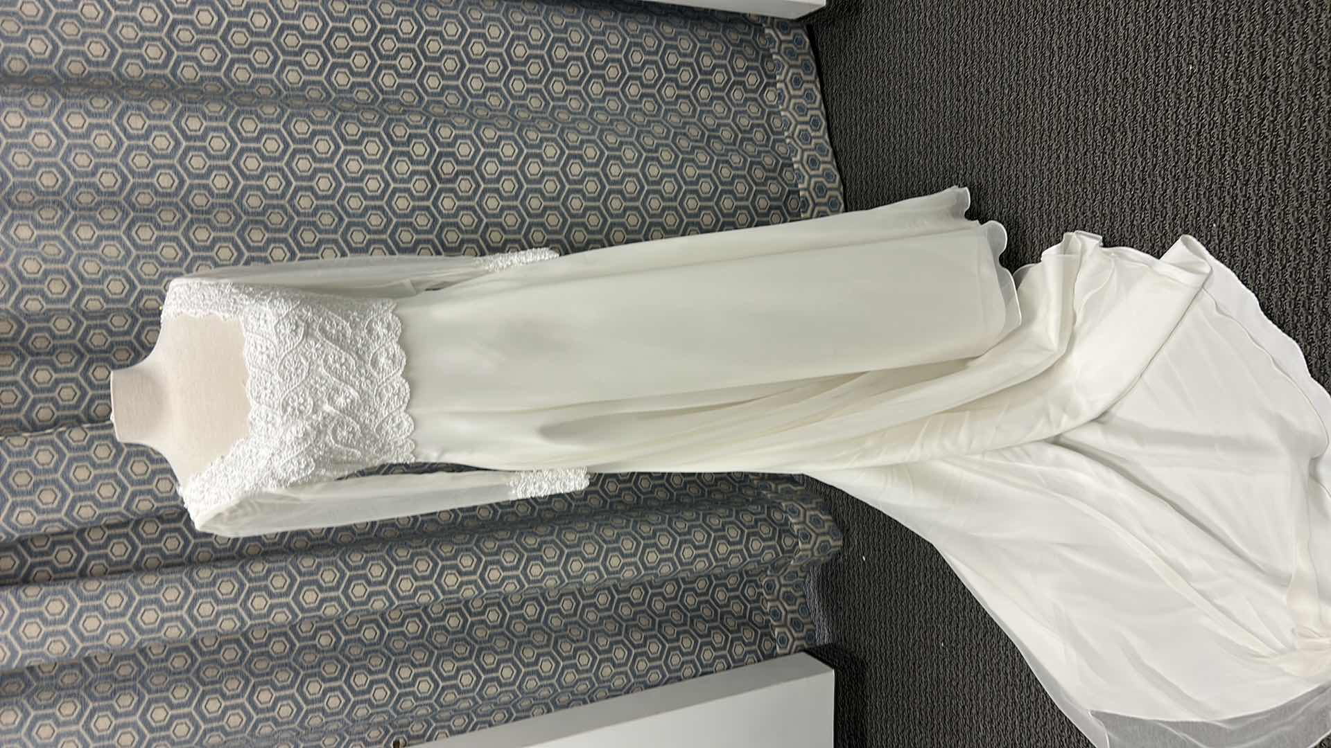 Photo 1 of BRIDAL GOWN "BRIDAL ELEGANCE", VINTAGE STYLE WHITE WEDDING GOWN WITH LONG SHEER SLEEVES, SQUARE NECKLINGE, LACE BODICE, CHIFFON SKIRT WITH CHAPEL TRAIN SIZE 8