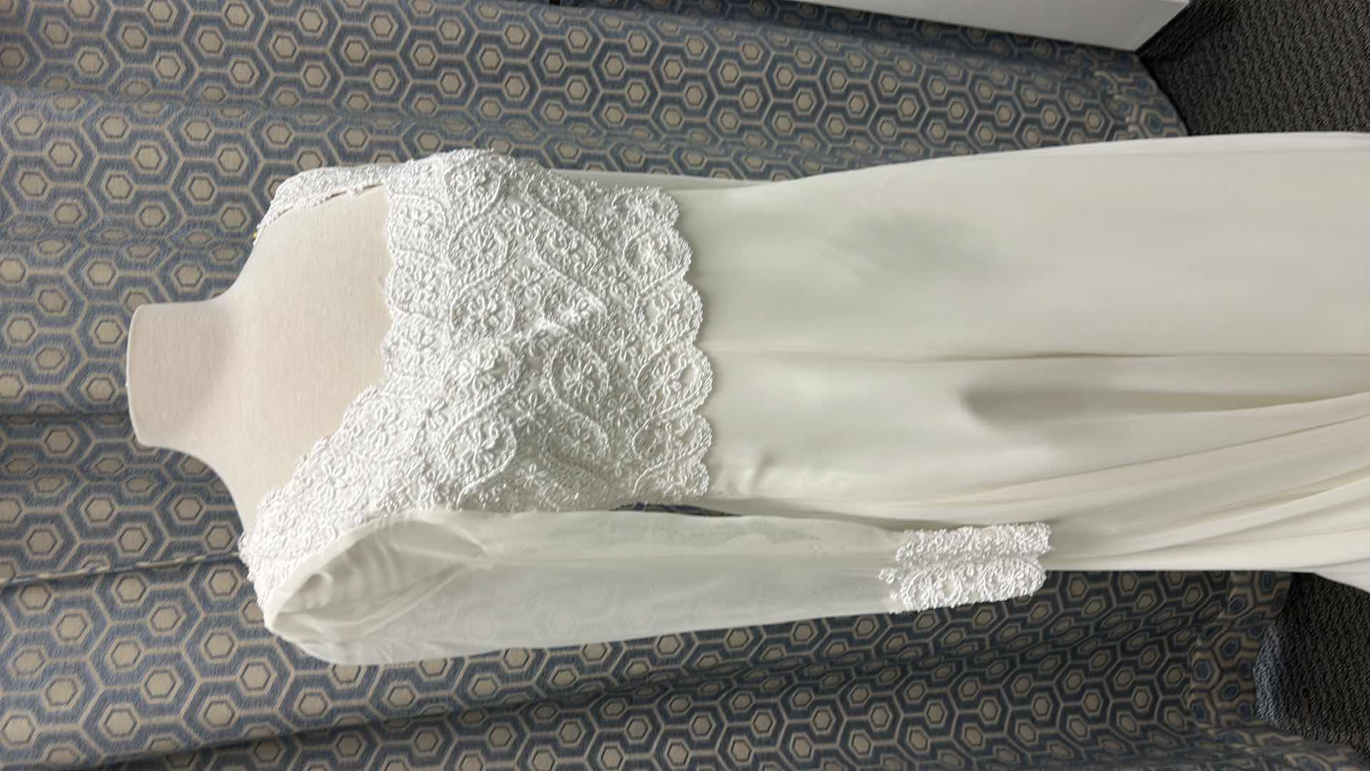 Photo 1 of BRIDAL GOWN "BRIDAL ELEGANCE", VINTAGE STYLE WHITE WEDDING GOWN WITH LONG SHEER SLEEVES, SQUARE NECKLINGE, LACE BODICE, CHIFFON SKIRT WITH CHAPEL TRAIN SIZE 8