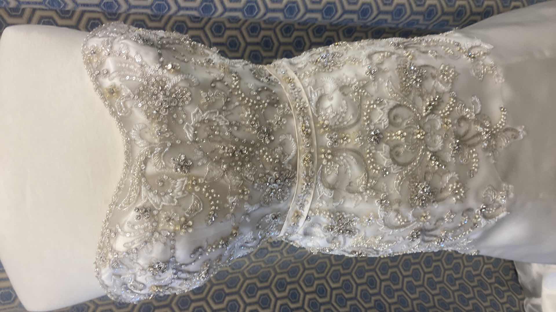 Photo 1 of BRIDAL GOWN “CASABLANCA” DIAMOND WHITE SATIN w BEADED BODICE & BAND SIZE 10