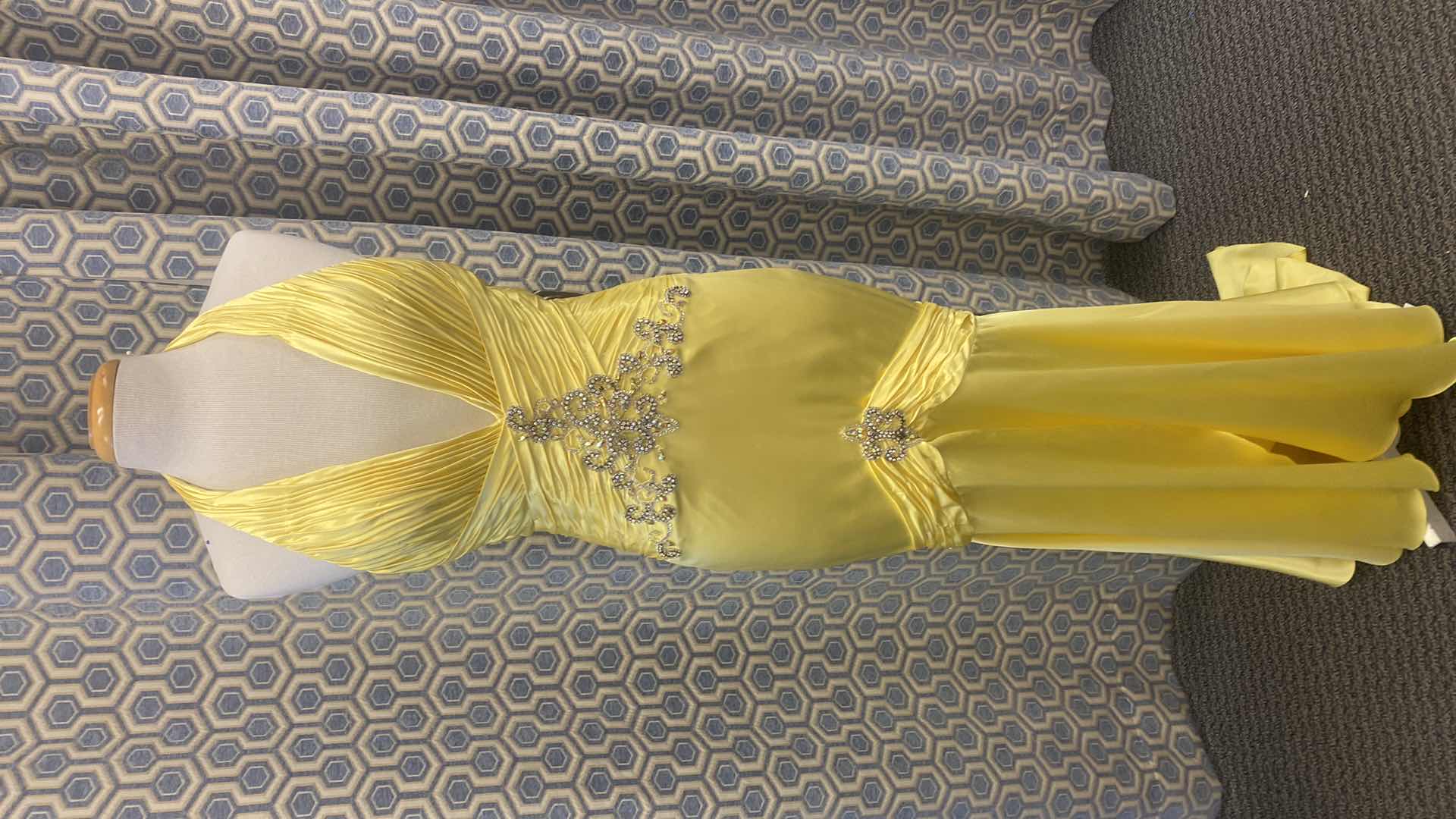 Photo 1 of EVENING GOWN “CZ’RE” YELLOW SATIN w PLUNGE NECKLINE EMBELLISHED BODICE SIZE 8