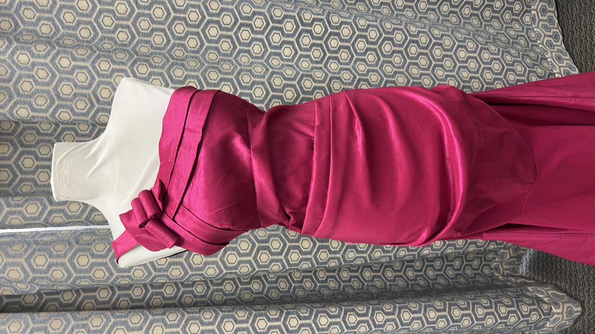 Photo 1 of EVENING GOWN "MAY QUEEN COUTURE" FLOOR LENGTH GOWN IN RICH FUCSHIA SATIN, ONE SHOULDER,  ASYMMETIRCAL RUCHED BODICE,  SIZE 8