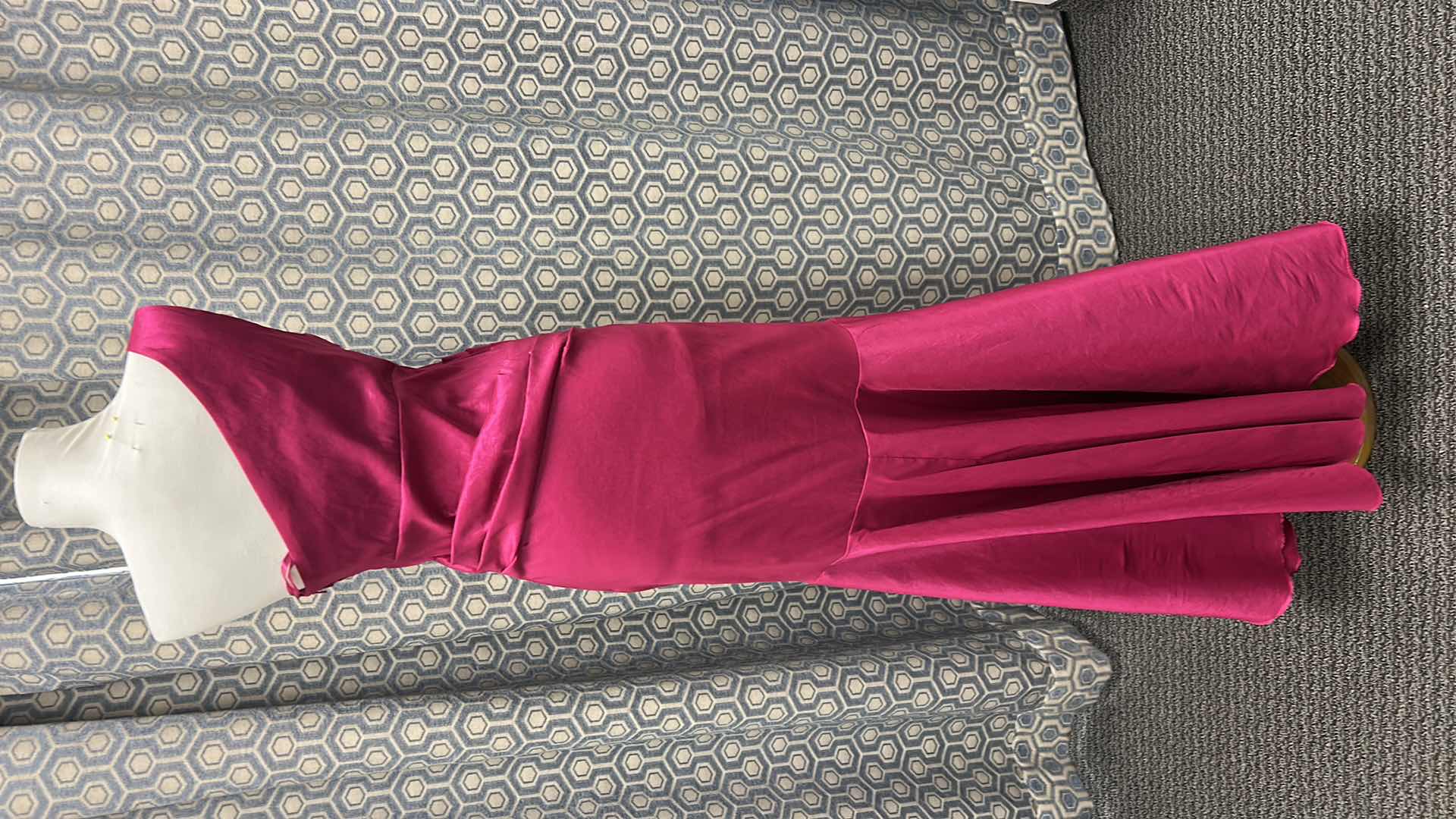 Photo 1 of EVENING GOWN "MAY QUEEN COUTURE" FLOOR LENGTH GOWN IN RICH FUCSHIA SATIN, ONE SHOULDER,  ASYMMETIRCAL RUCHED BODICE,  SIZE 2