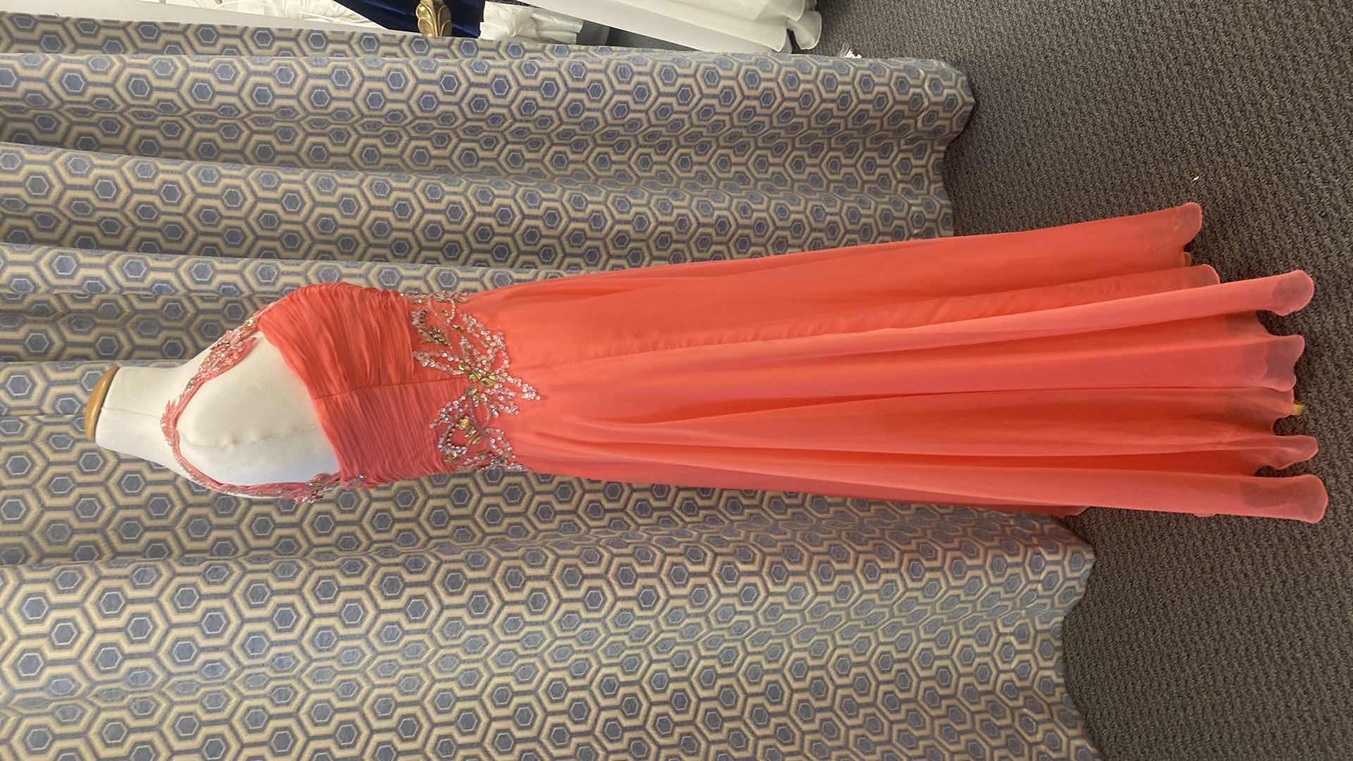 Photo 1 of EVENING GOWN “MAY QUEEN COUTURE” TANGERINE SATIN & CHIFFON ONE SHOULDER SIZE 16