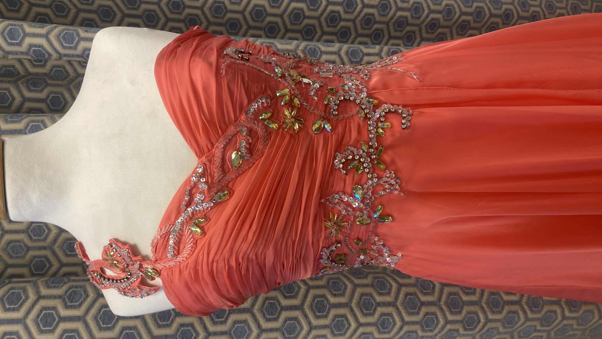 Photo 1 of EVENING GOWN “MAY QUEEN COUTURE” TANGERINE SATIN & CHIFFON ONE SHOULDER SIZE 16