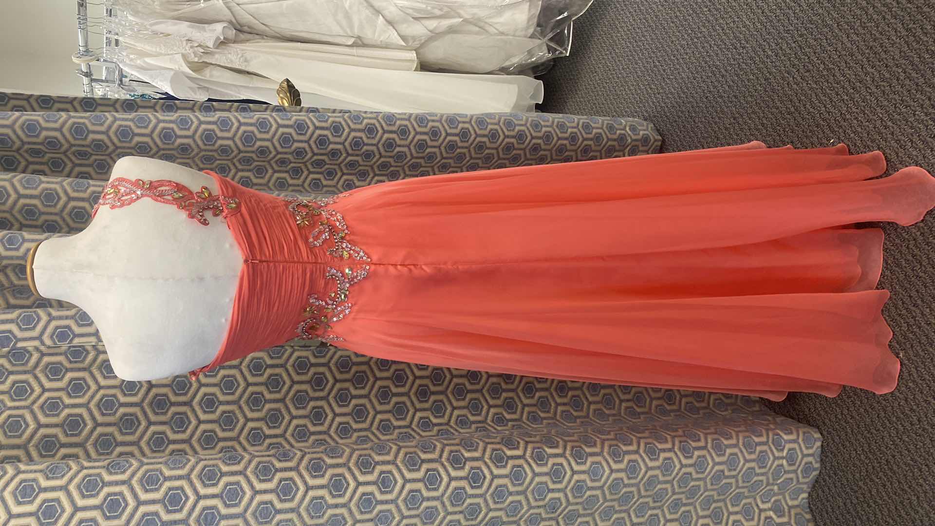 Photo 1 of EVENING GOWN “MAY QUEEN COUTURE” TANGERINE SATIN & CHIFFON ONE SHOULDER SIZE 16