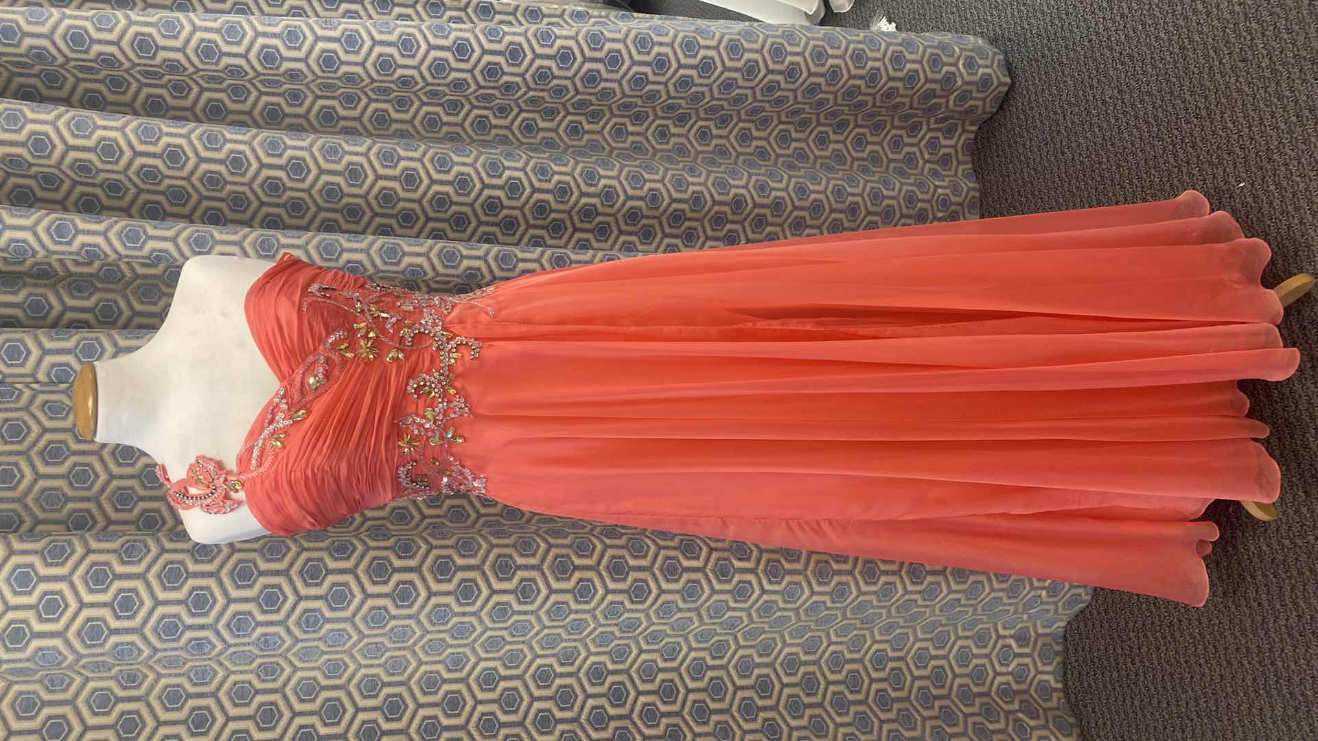 Photo 1 of EVENING GOWN “MAY QUEEN COUTURE” TANGERINE SATIN & CHIFFON ONE SHOULDER SIZE 20