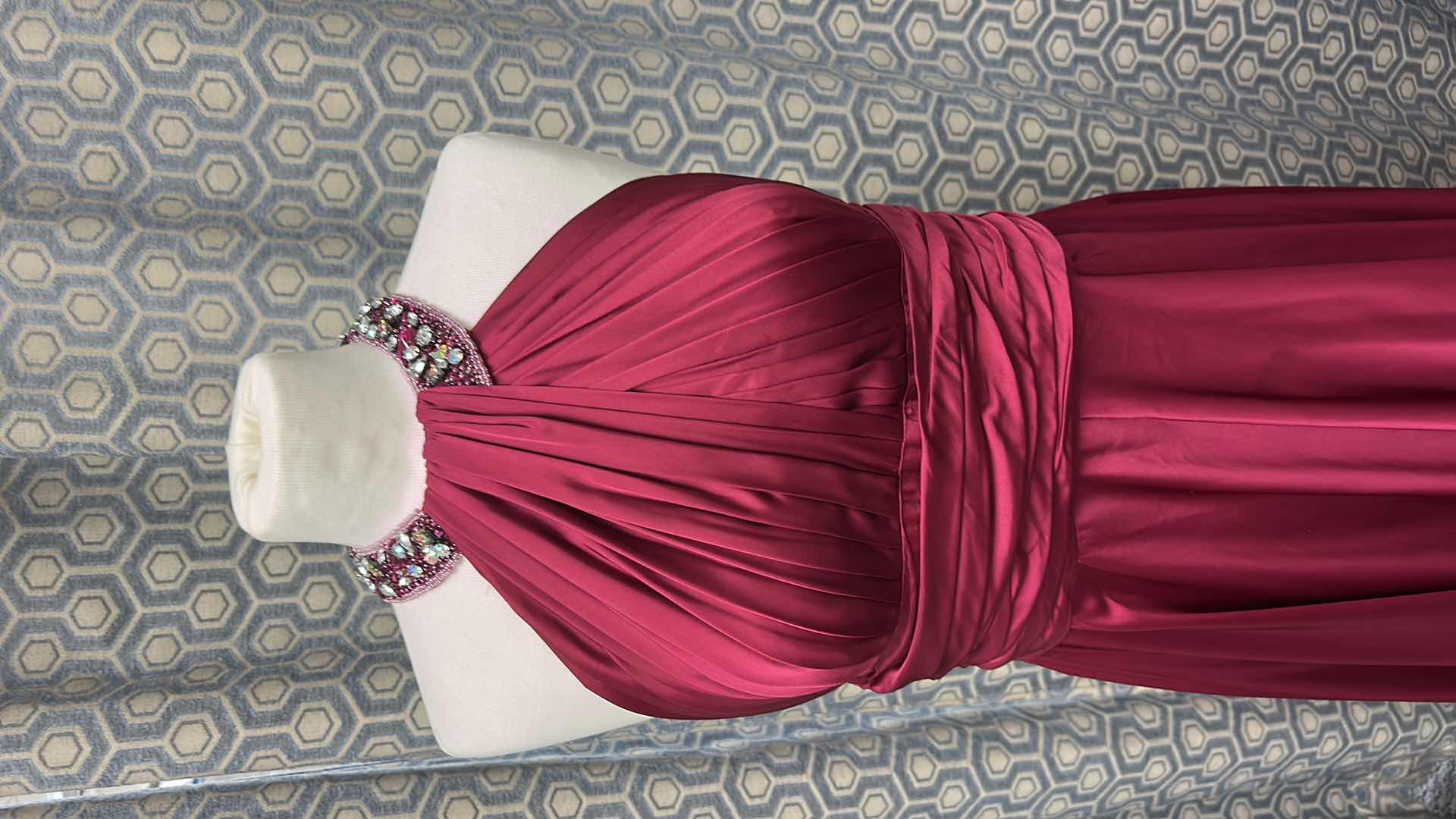 Photo 1 of EVENING GOWN "MAY QUEEN COUTURE" FLOOR LENGTH HALTER NECK GOWN IN DEEP MAGENTA SATIN, RUCHED BODICE, JEWELED NECKLINE AND FLOWY SKIRT SIZE 6 