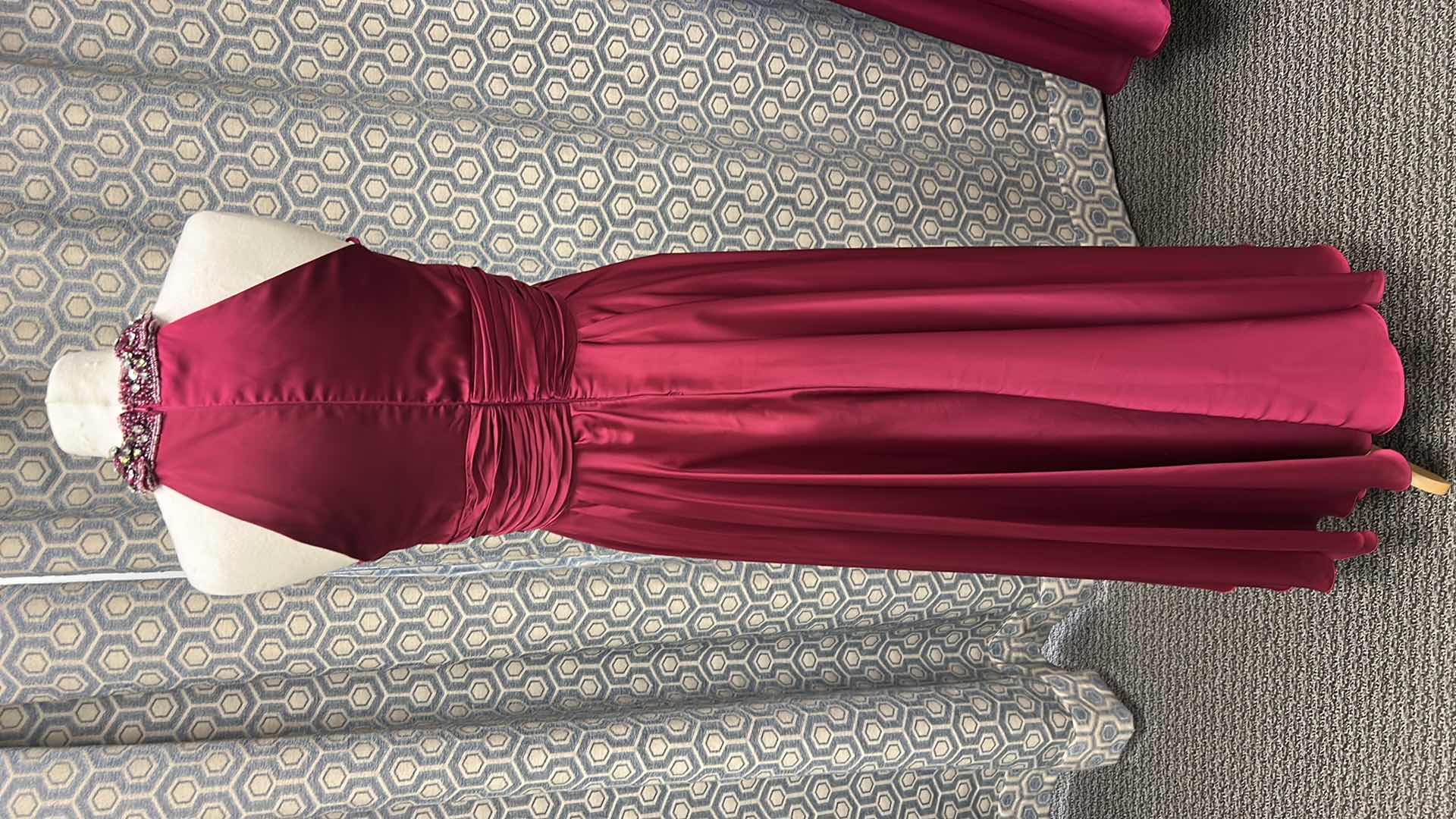 Photo 1 of EVENING GOWN "MAY QUEEN COUTURE" FLOOR LENGTH HALTER NECK GOWN IN DEEP MAGENTA SATIN, RUCHED BODICE, JEWELED NECKLINE AND FLOWY SKIRT SIZE 6 