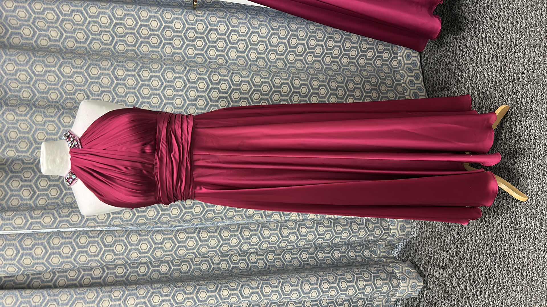 Photo 1 of EVENING GOWN "MAY QUEEN COUTURE" FLOOR LENGTH HALTER NECK GOWN IN DEEP MAGENTA SATIN, RUCHED BODICE, JEWELED NECKLINE AND FLOWY SKIRT SIZE 12 