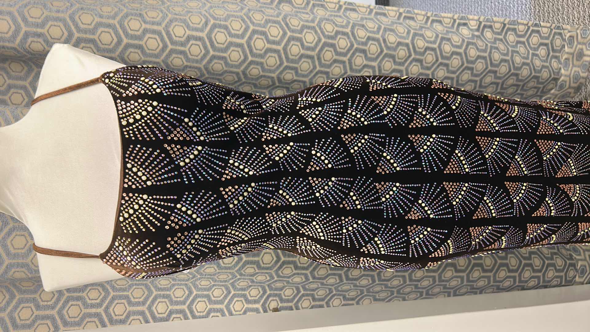 Photo 1 of EVENING GOWN, "JOVANI" FLOOR LENGTH FITTED GOWN IN THE SHADE COFFEE, ALL OVER GEOMETRIC SEQUIN PATTERN IN SILVER AND BLUE THAT CHANGES IN LIGHT SIZE 2