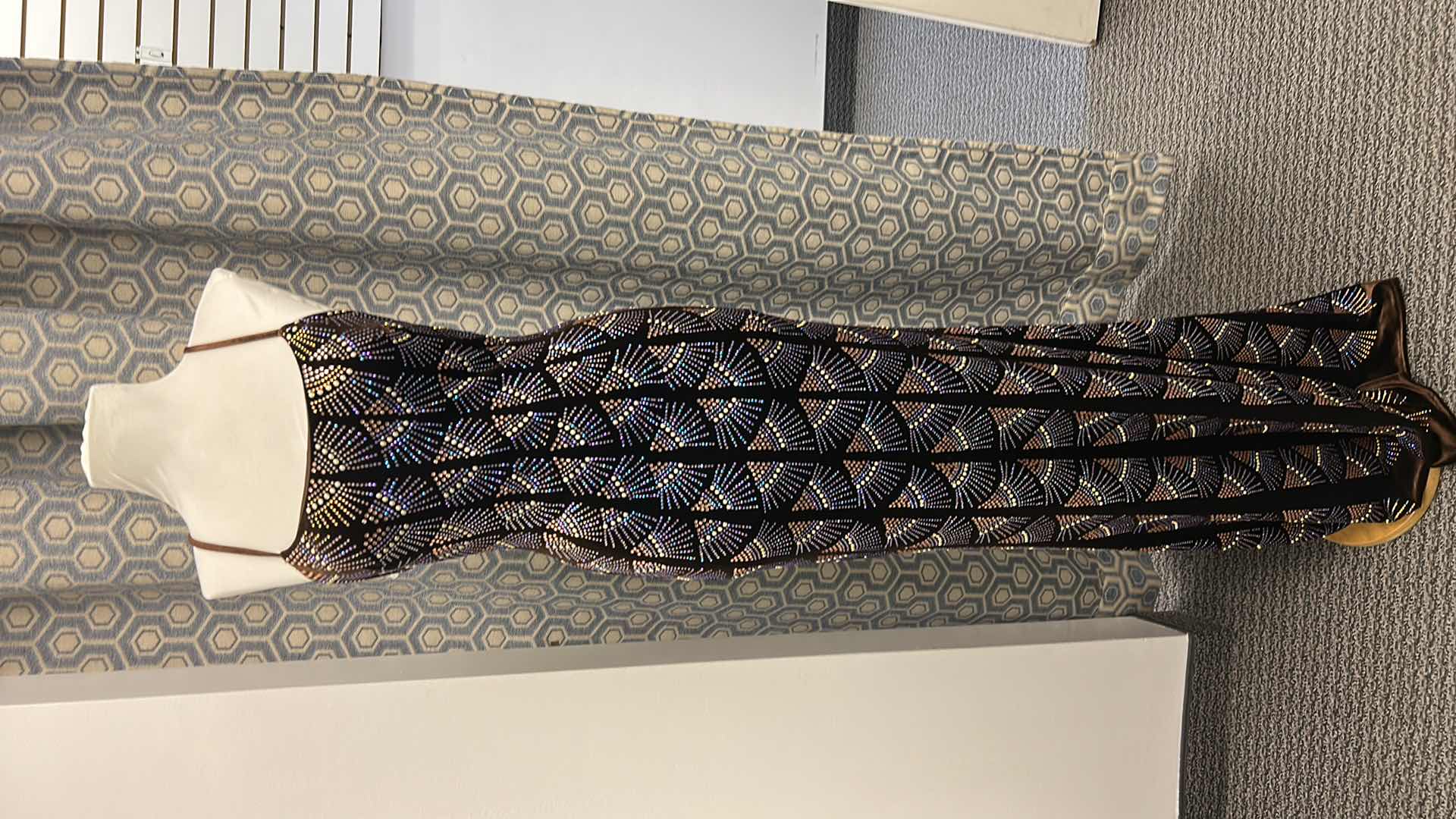 Photo 1 of EVENING GOWN, "JOVANI" FLOOR LENGTH FITTED GOWN IN THE SHADE COFFEE, ALL OVER GEOMETRIC SEQUIN PATTERN IN SILVER AND BLUE THAT CHANGES IN LIGHT SIZE 2