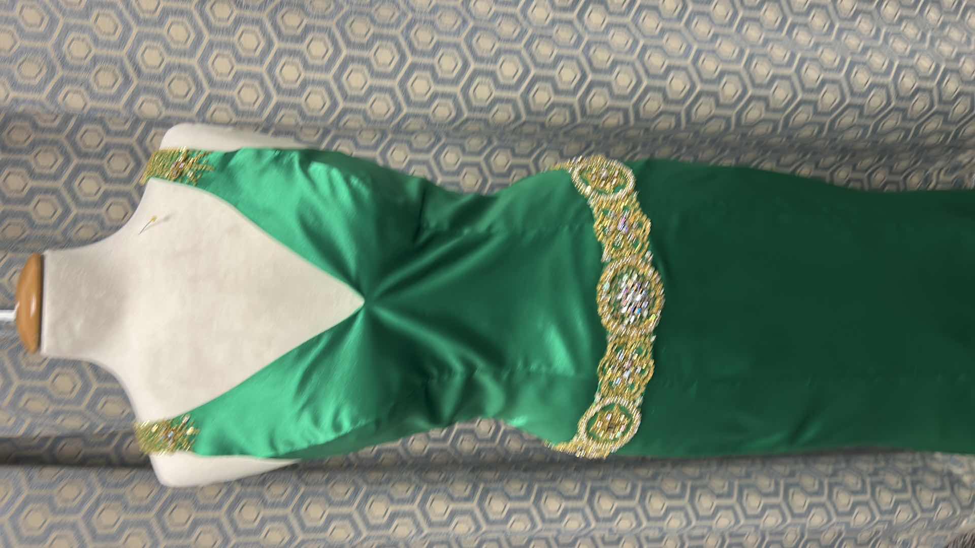 Photo 1 of EVENING GOWN, "GIRE" FLOOR LENGTH EMERALD GREEN SATIN GOWN, DEEP V NECKLINE, BEADED SHOULDER STRAPS, INTRICATE GOLD AND GREEN JEWELED WAIST SIZE 4