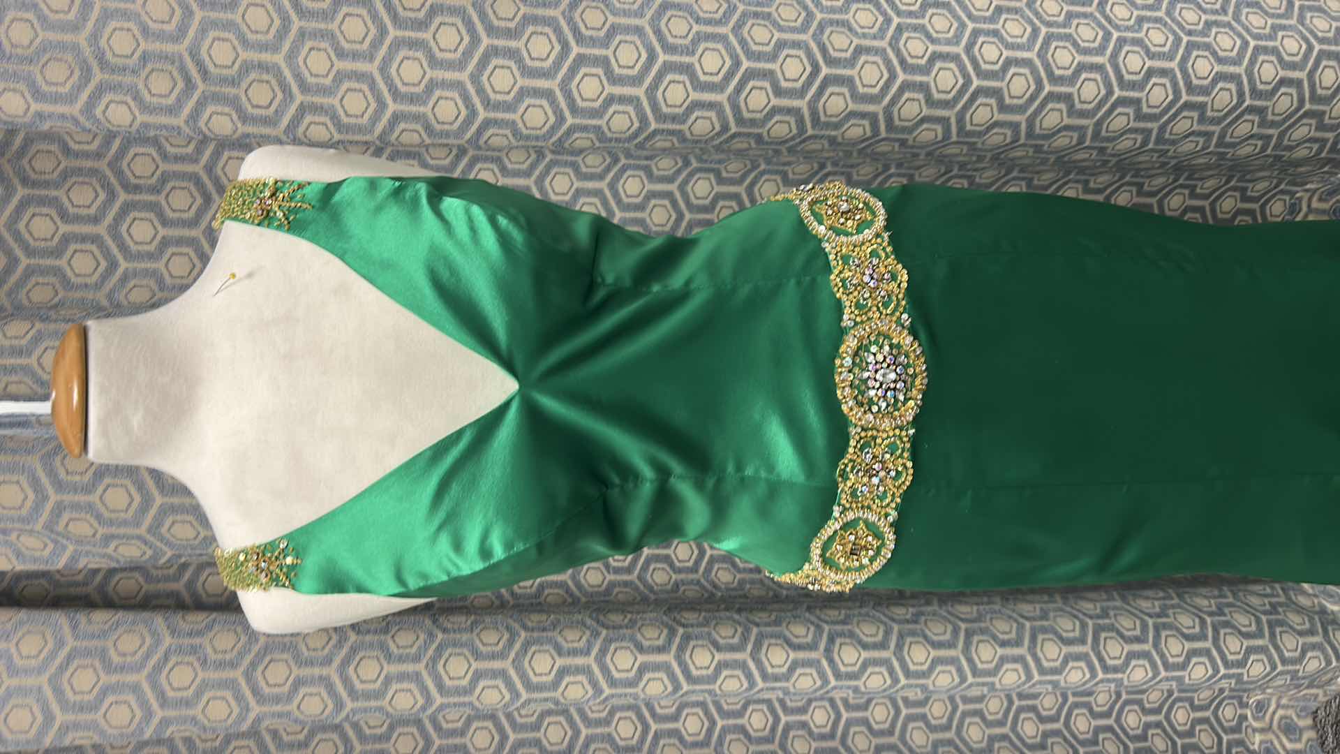 Photo 1 of EVENING GOWN, "GIRE" FLOOR LENGTH EMERALD GREEN SATIN GOWN, DEEP V NECKLINE, BEADED SHOULDER STRAPS, INTRICATE GOLD AND GREEN JEWELED WAIST SIZE 4