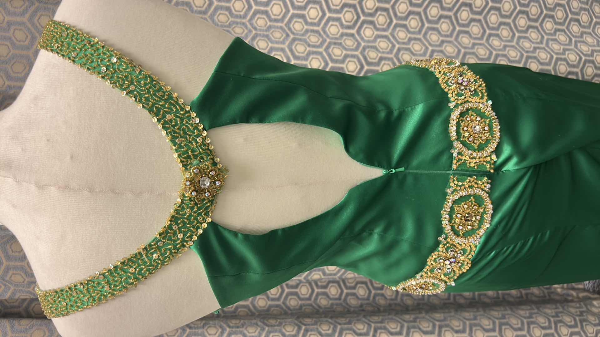 Photo 1 of EVENING GOWN, "GIRE" FLOOR LENGTH EMERALD GREEN SATIN GOWN, DEEP V NECKLINE, BEADED SHOULDER STRAPS, INTRICATE GOLD AND GREEN JEWELED WAIST SIZE 4