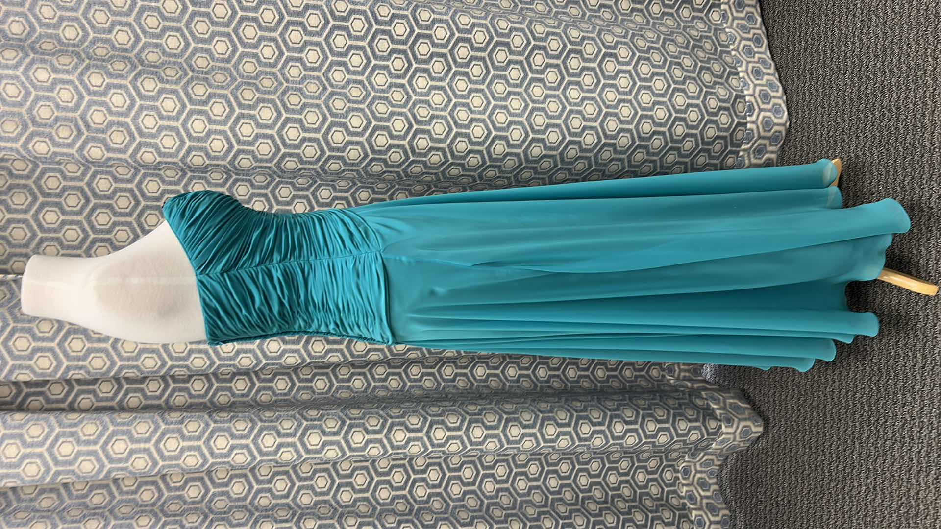 Photo 1 of EVENING GOWN. "LONDA" TEAL AND AQUA OMBRE CHIFFON, FEATURING A RUCHED BODICE WITH BLACK BEADED ACCENTS, FLOWY LAYERED SKIRT WITH BLACK UNDERLAY SIZE 8 