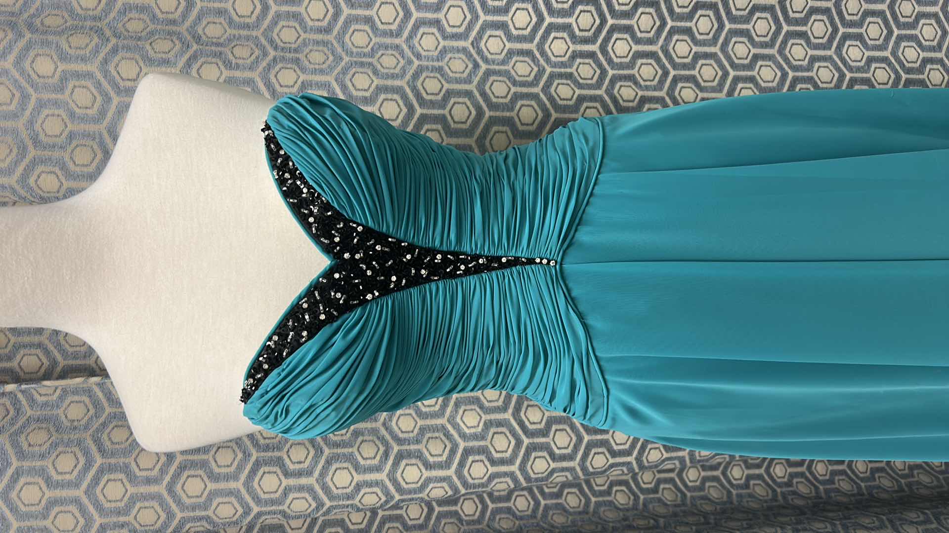 Photo 1 of EVENING GOWN. "LONDA" TEAL AND AQUA OMBRE CHIFFON, FEATURING A RUCHED BODICE WITH BLACK BEADED ACCENTS, FLOWY LAYERED SKIRT WITH BLACK UNDERLAY SIZE 8 