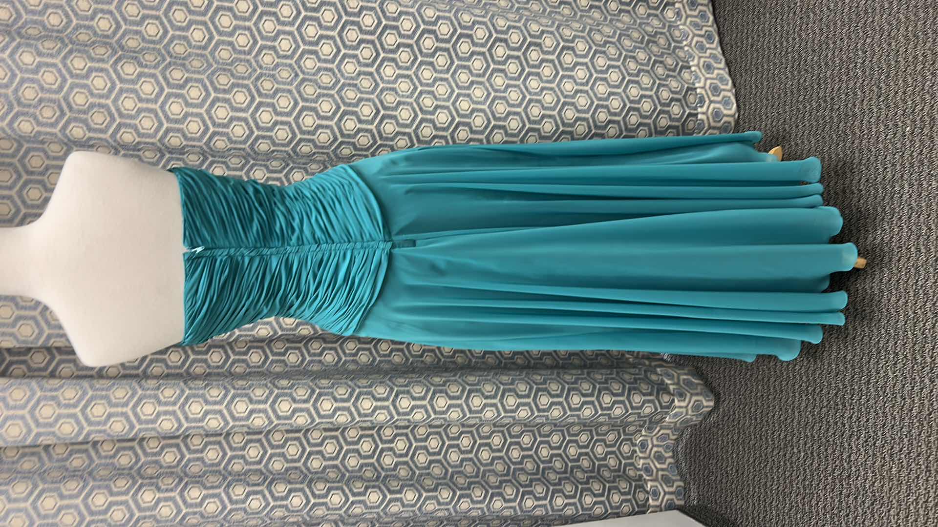 Photo 1 of EVENING GOWN. "LONDA" TEAL AND AQUA OMBRE CHIFFON, FEATURING A RUCHED BODICE WITH BLACK BEADED ACCENTS, FLOWY LAYERED SKIRT WITH BLACK UNDERLAY SIZE 8 
