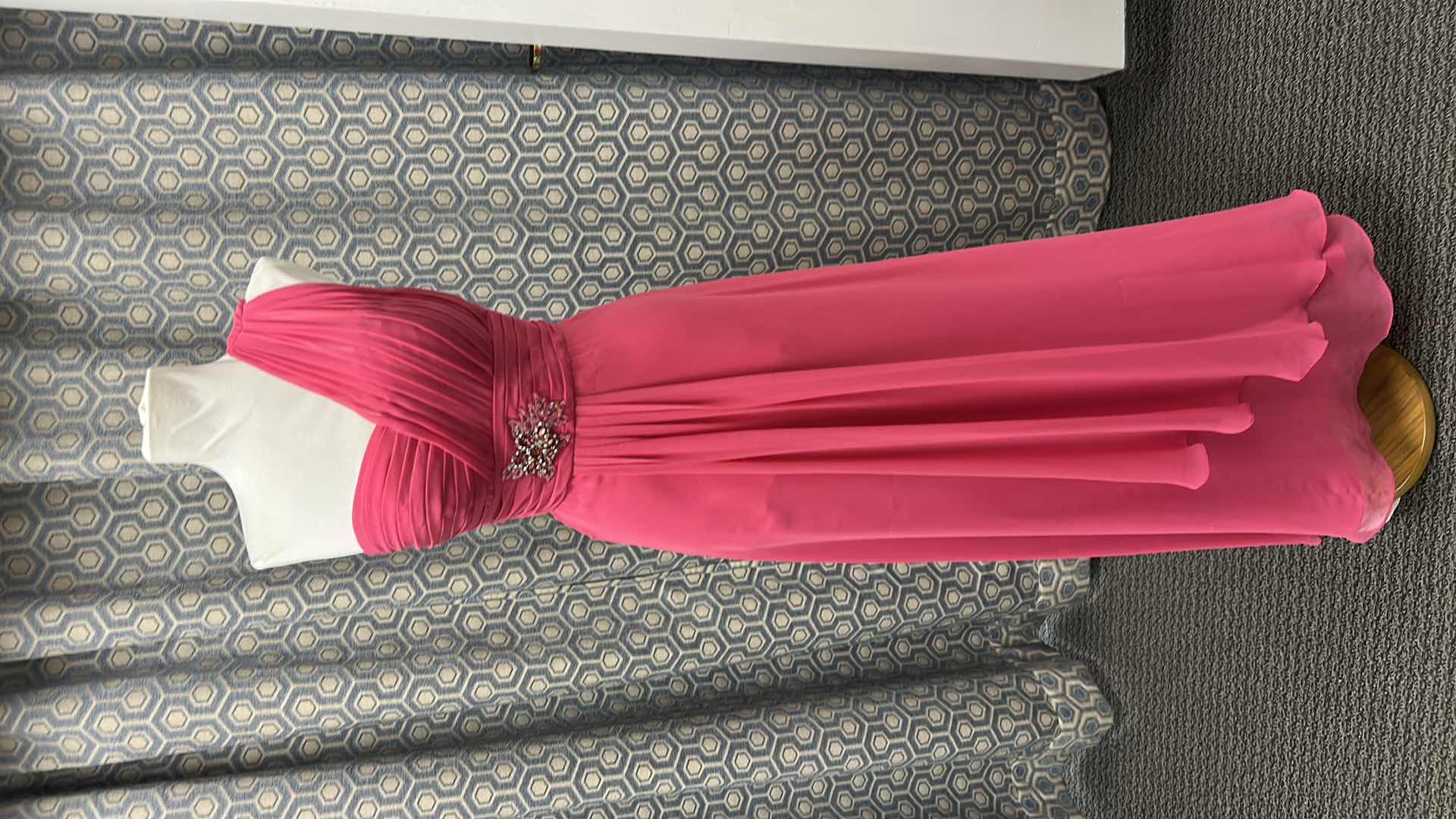 Photo 1 of EVENING GOWN, "MAY QUEEN COUTURE" PINK, ONE SHOULDER FEATURING A RUCHED BODICE, JEWELED WAIST DETAIL AND FLOWY LAYERED SKIRT SIZE  8