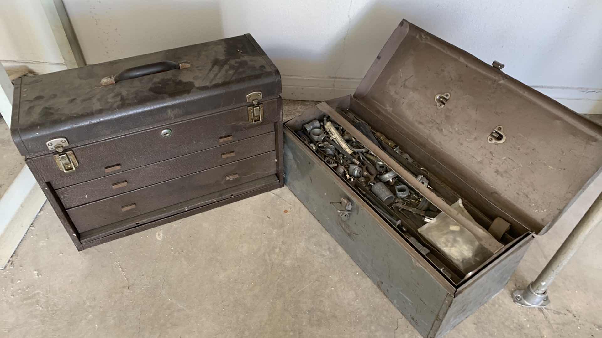 Photo 1 of 2-VINTAGE METAL TOOL CHESTS, ONE HAS ITEMS IN IT