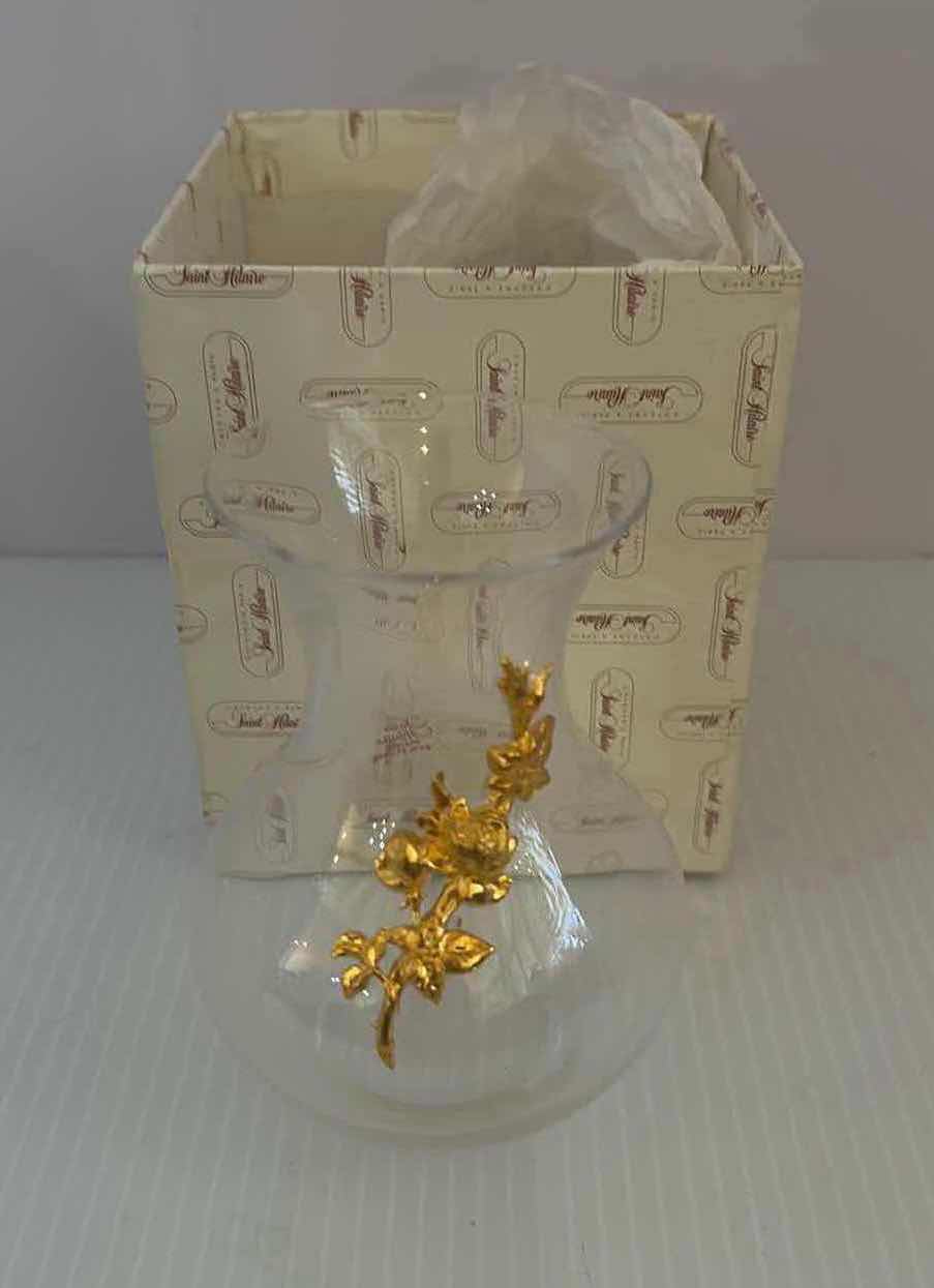 Photo 1 of SAINT HILAIRE SMALL CLEAR GLASS VASE W GOLD LEAVES  5”