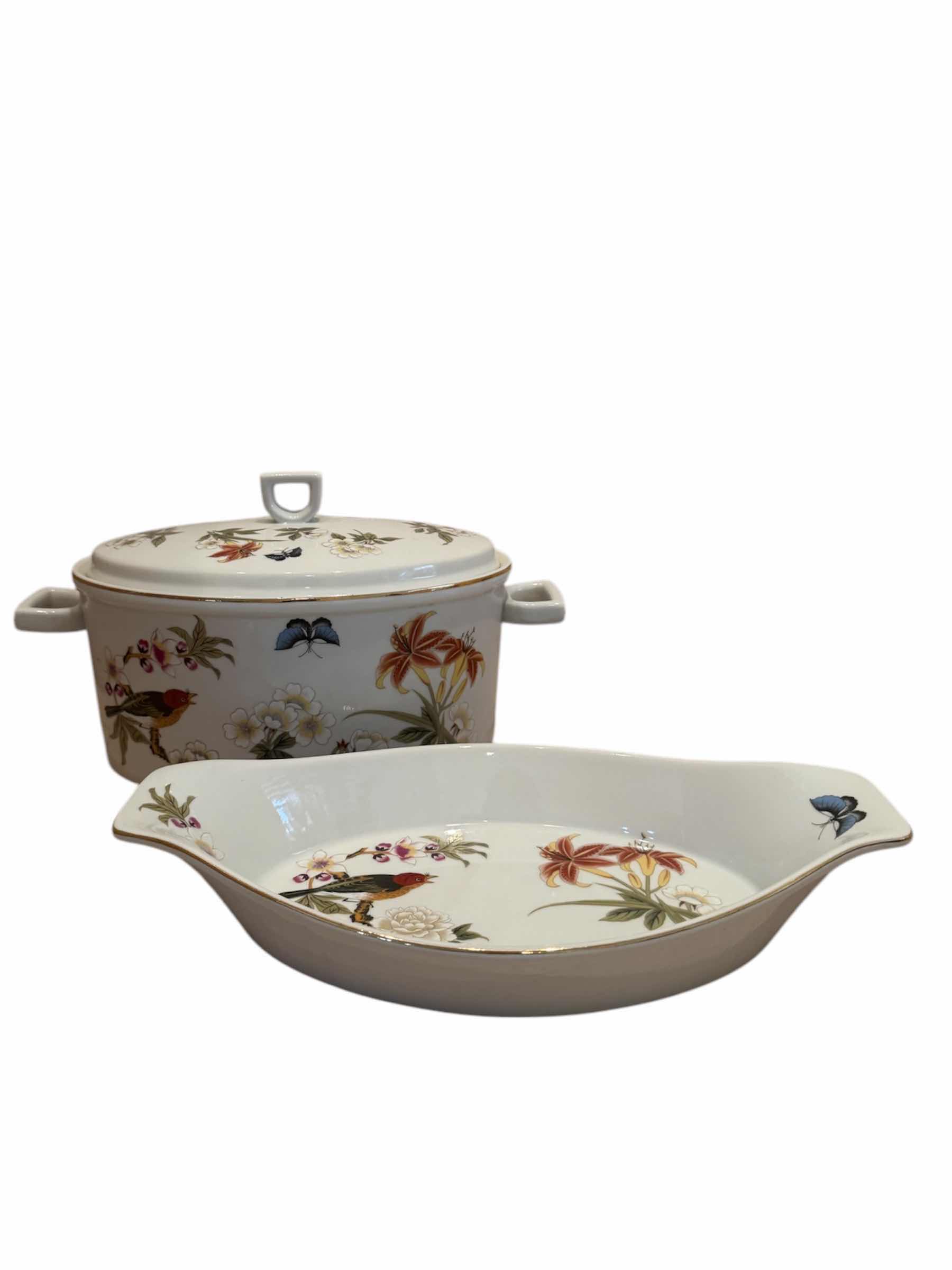 Photo 1 of VINTAGE SHAFFORD CHINESE GARDEN OVAL OVEN TO TABLE DISH AND COVERED CASSEROLE DISH 2QUARTZ 

OVEN DISH 
12.5” X H1.5”

CASSEROLE DISH
12” X H7”