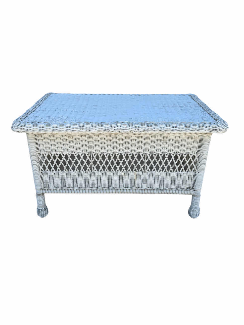 Photo 1 of VINTAGE OUTDOOR WICKER TABLE WITH STORAGE COMPARTMENT, WHITE
32” X 20” X H19”