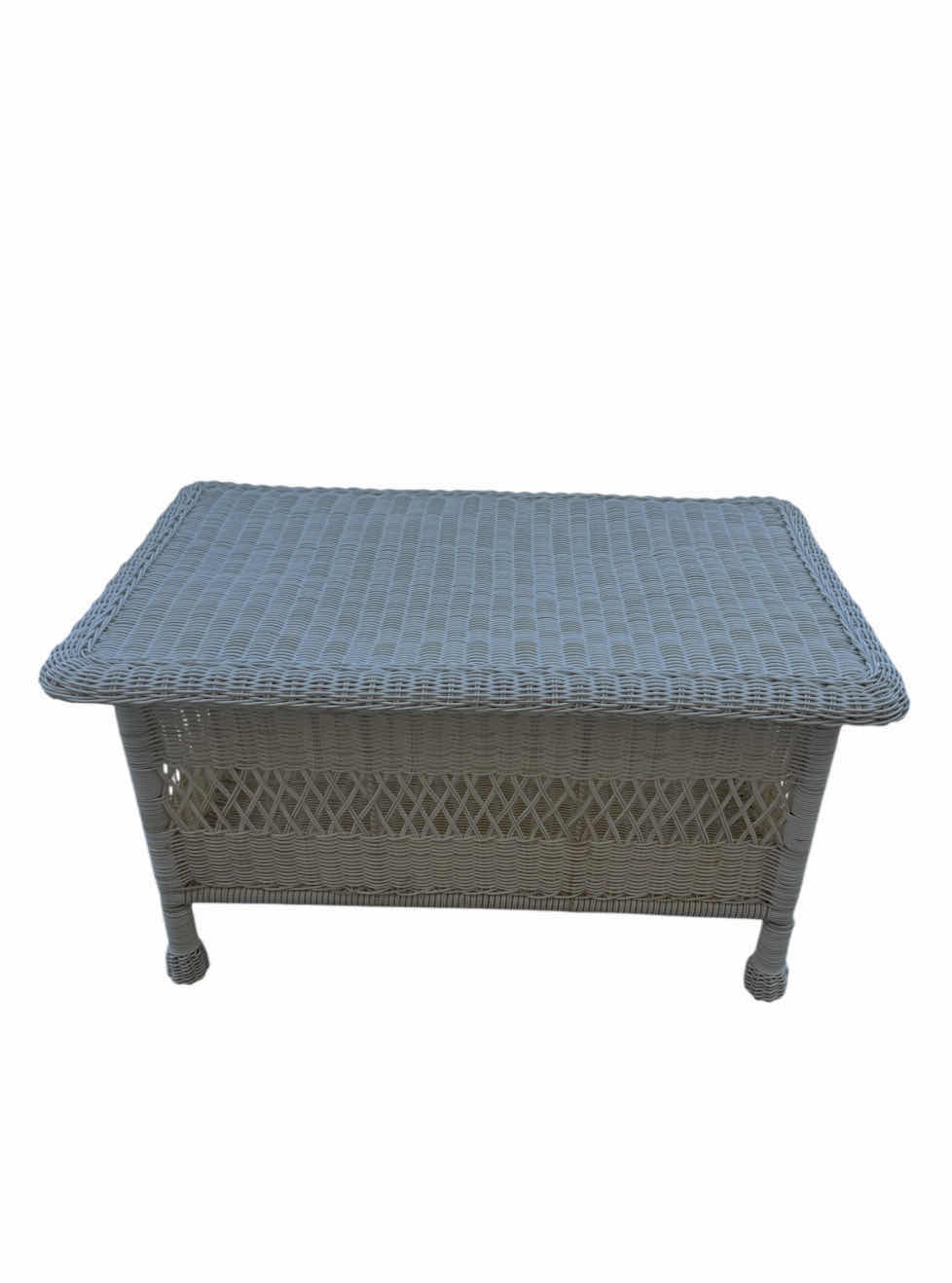 Photo 1 of VINTAGE OUTDOOR WICKER TABLE WITH STORAGE COMPARTMENT, WHITE
32” X 20” X H19”
