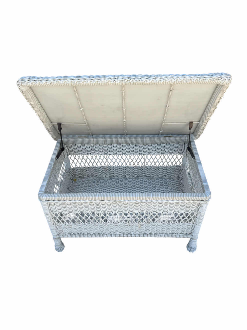 Photo 1 of VINTAGE OUTDOOR WICKER TABLE WITH STORAGE COMPARTMENT, WHITE
32” X 20” X H19”