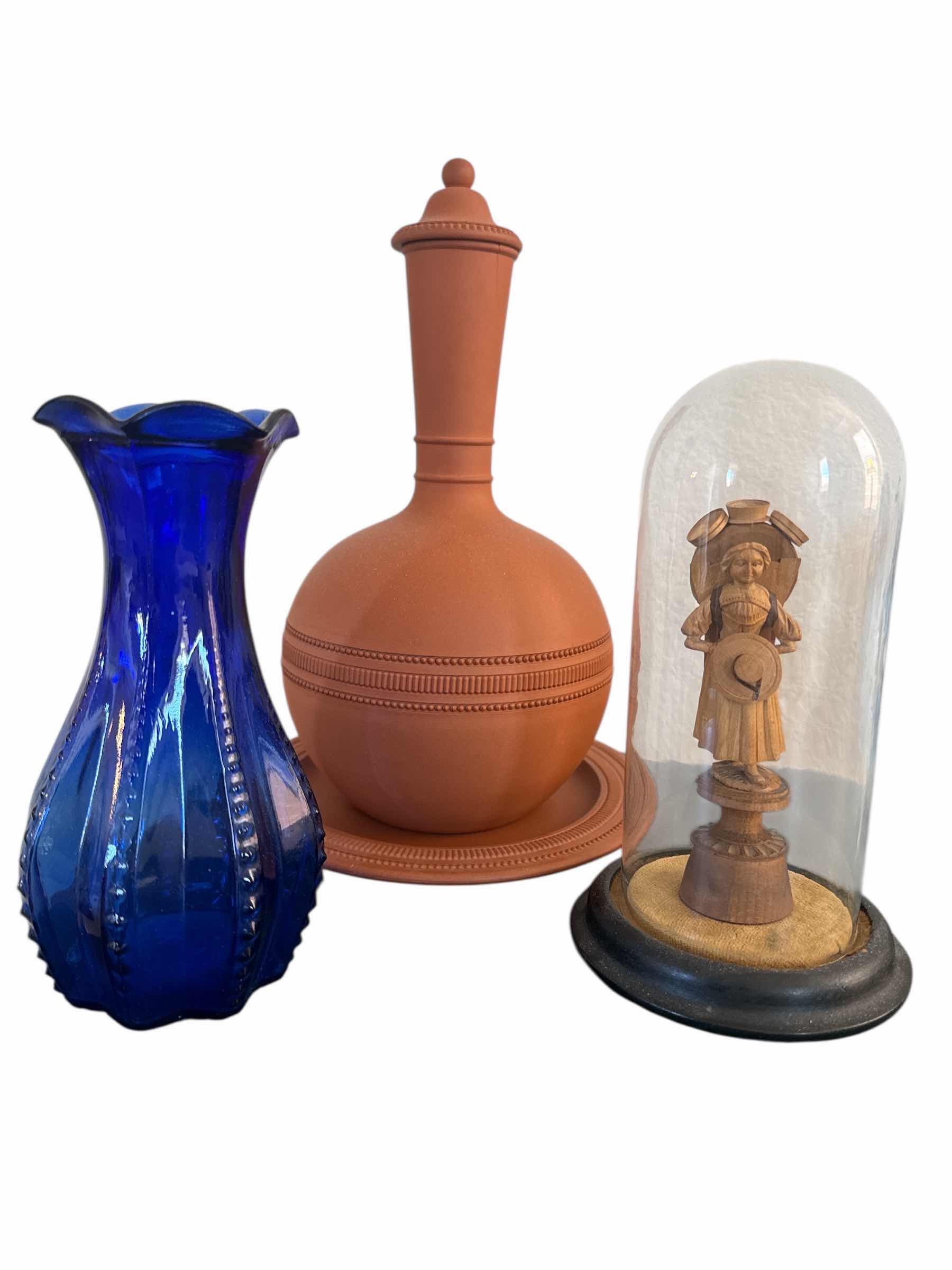 Photo 1 of VINTAGE COBALT BLUE “USA” STAMPED VASE, TERRACOTTA MONKEY JAR WATER VESSEL AND VINTAGE CARVED WOOD FIGURINE
