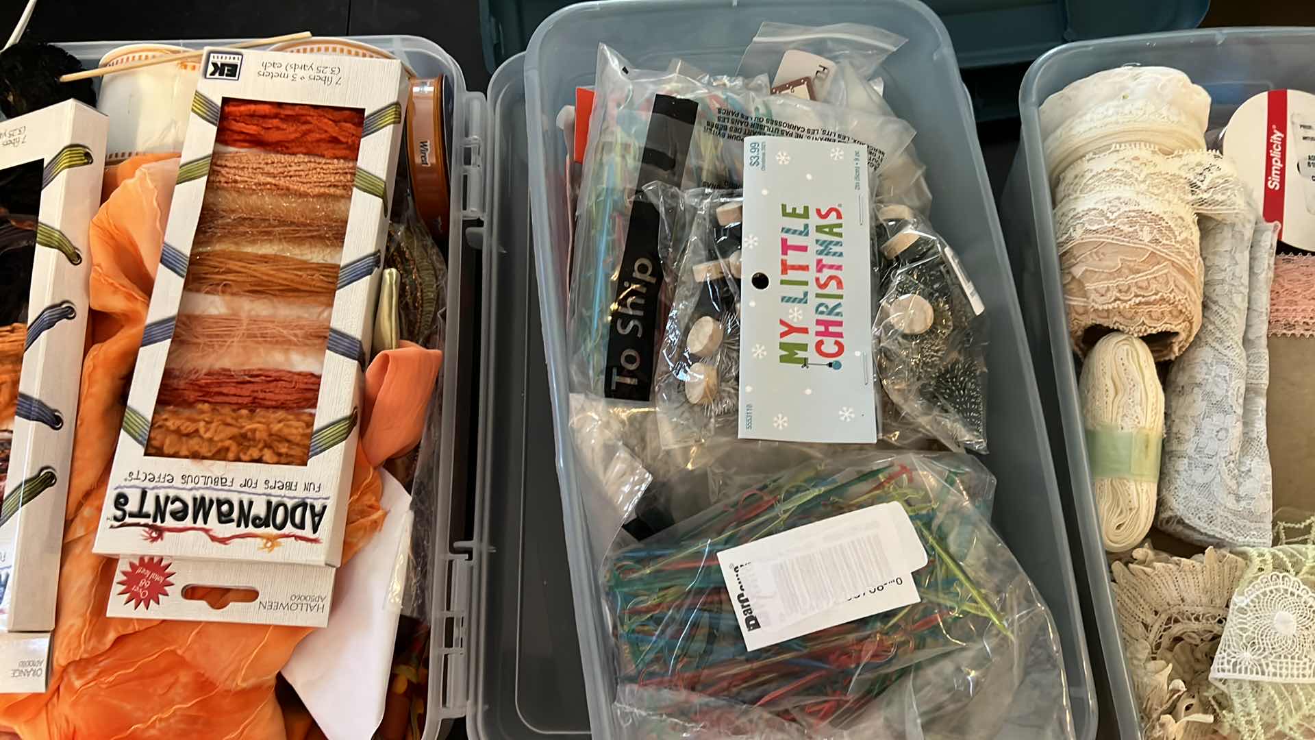 Photo 1 of 3 - PLASTIC BOXES OF FALL CRAFT SUPPLIES, LACE TRIM AND MORE