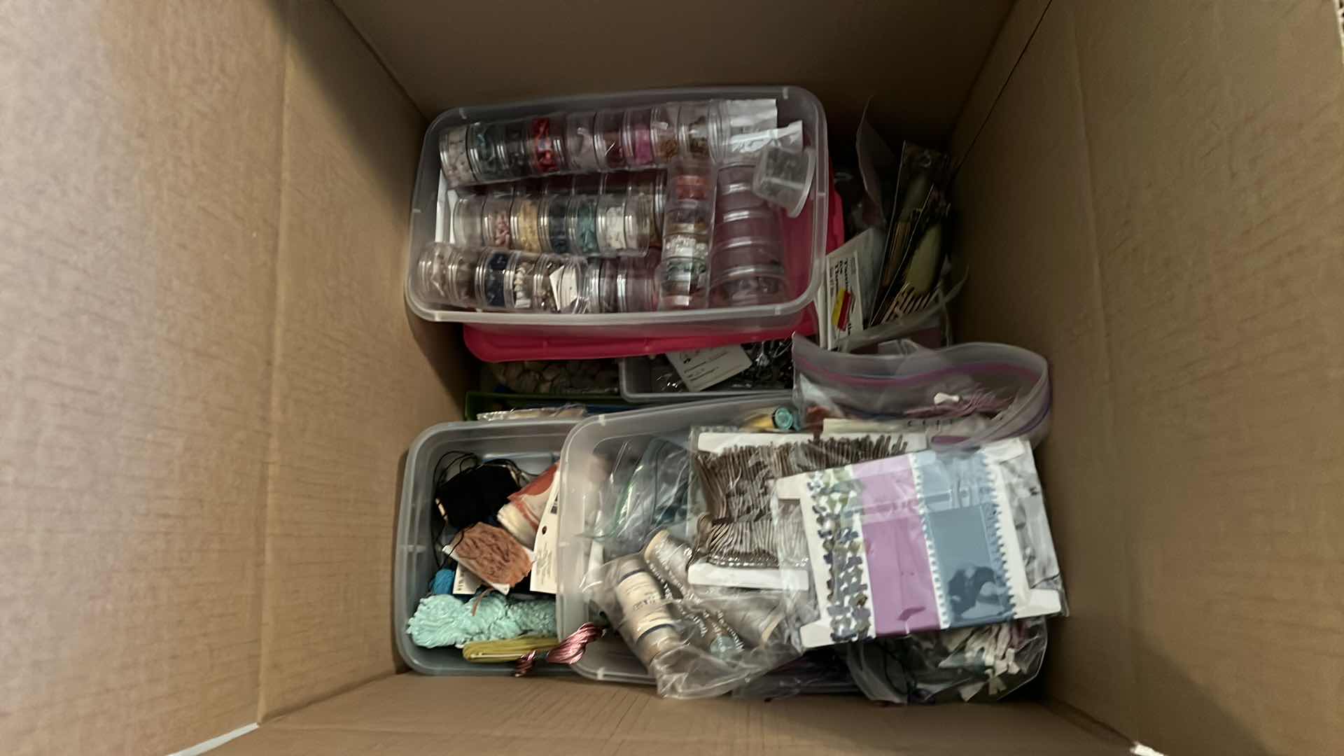 Photo 1 of BOX OF BEADS AND JEWELRY MAKING ITEMS -  FINDINGS AND MORE