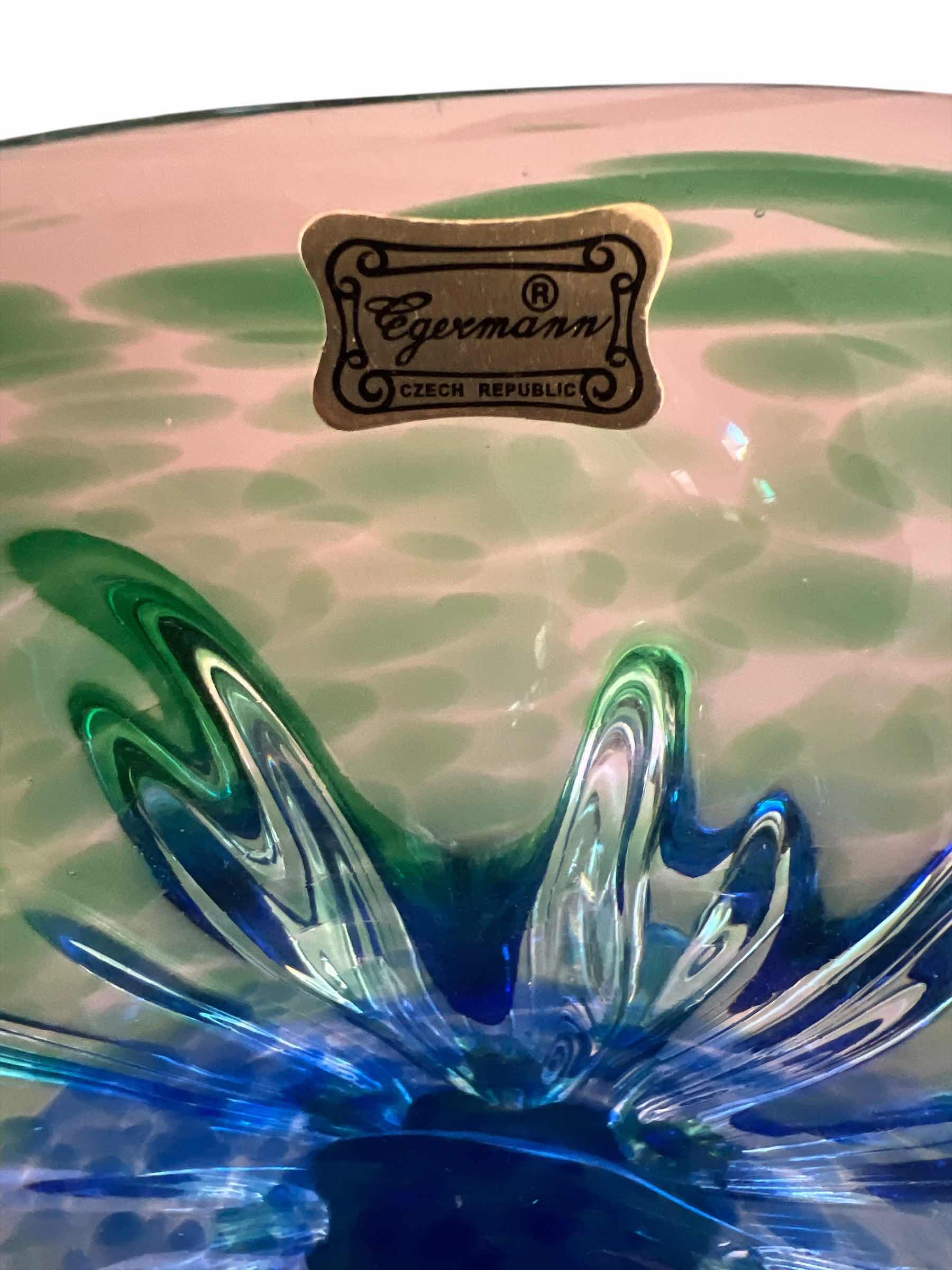 Photo 1 of EGERMAN CZECH  ART GLASS BOWL - BLUE AND GREEN 15”