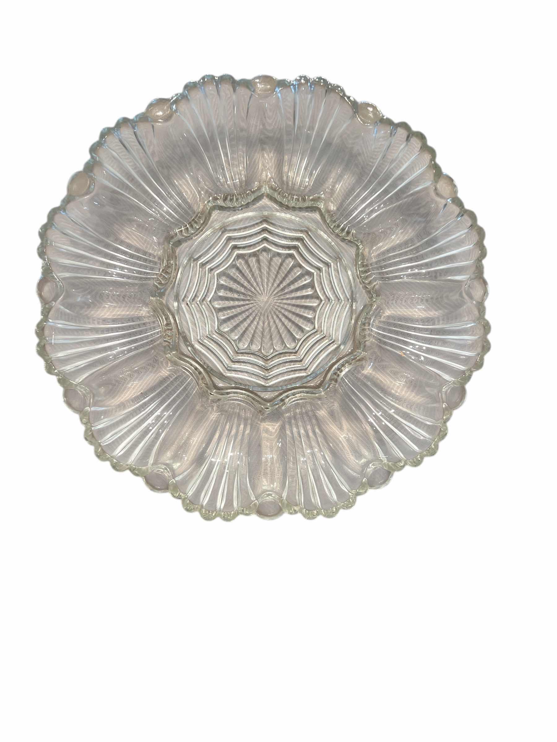 Photo 1 of AMBER CARNIVAL GLASS DEVILED WGG PLATE AND CRYSTAL SERVING PLATE