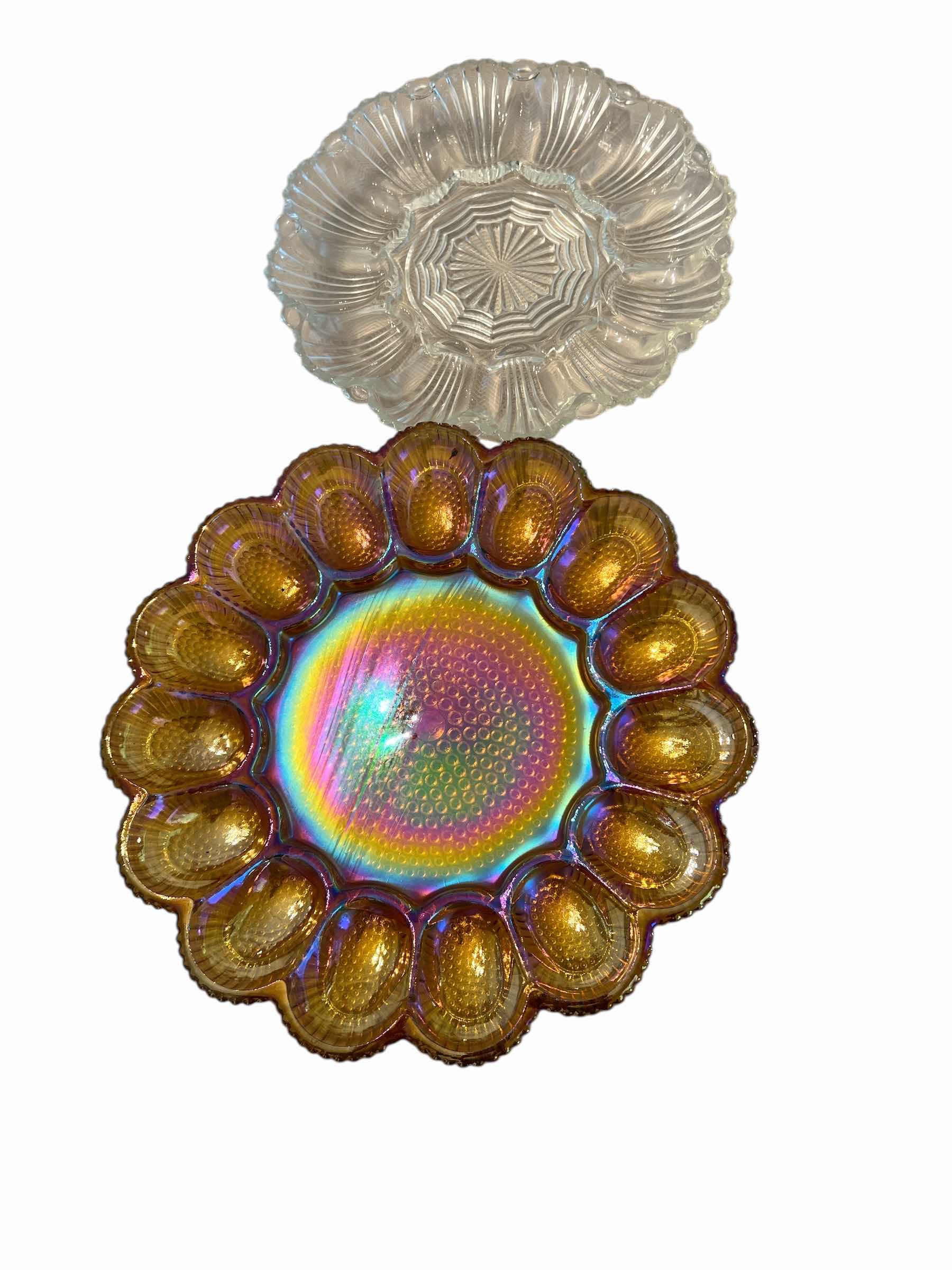 Photo 1 of AMBER CARNIVAL GLASS DEVILED WGG PLATE AND CRYSTAL SERVING PLATE