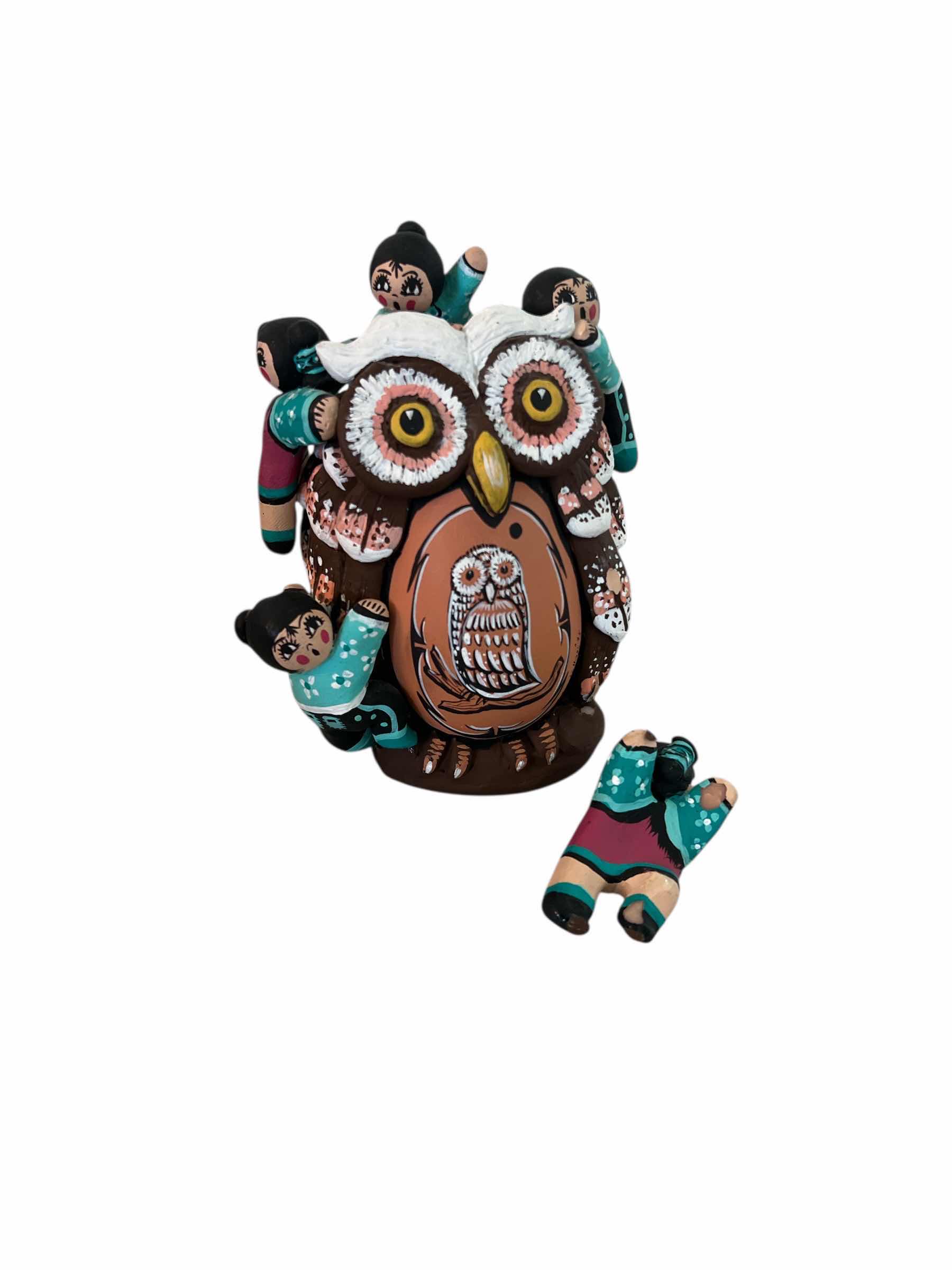 Photo 1 of SIGNED 5” CERAMIC OWL AND NATIVE CHILDREN CERAMIC PIECE