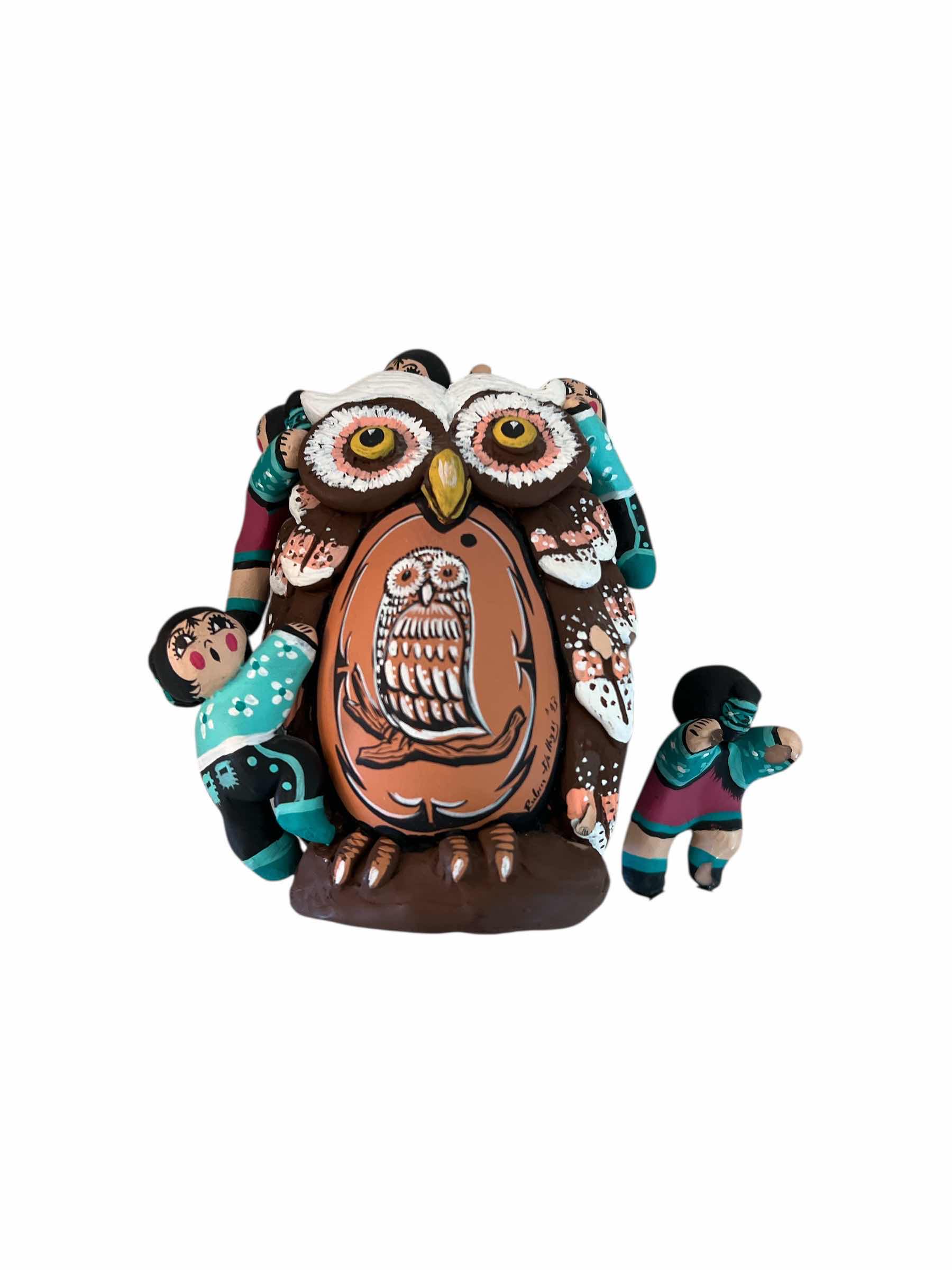 Photo 1 of SIGNED 5” CERAMIC OWL AND NATIVE CHILDREN CERAMIC PIECE