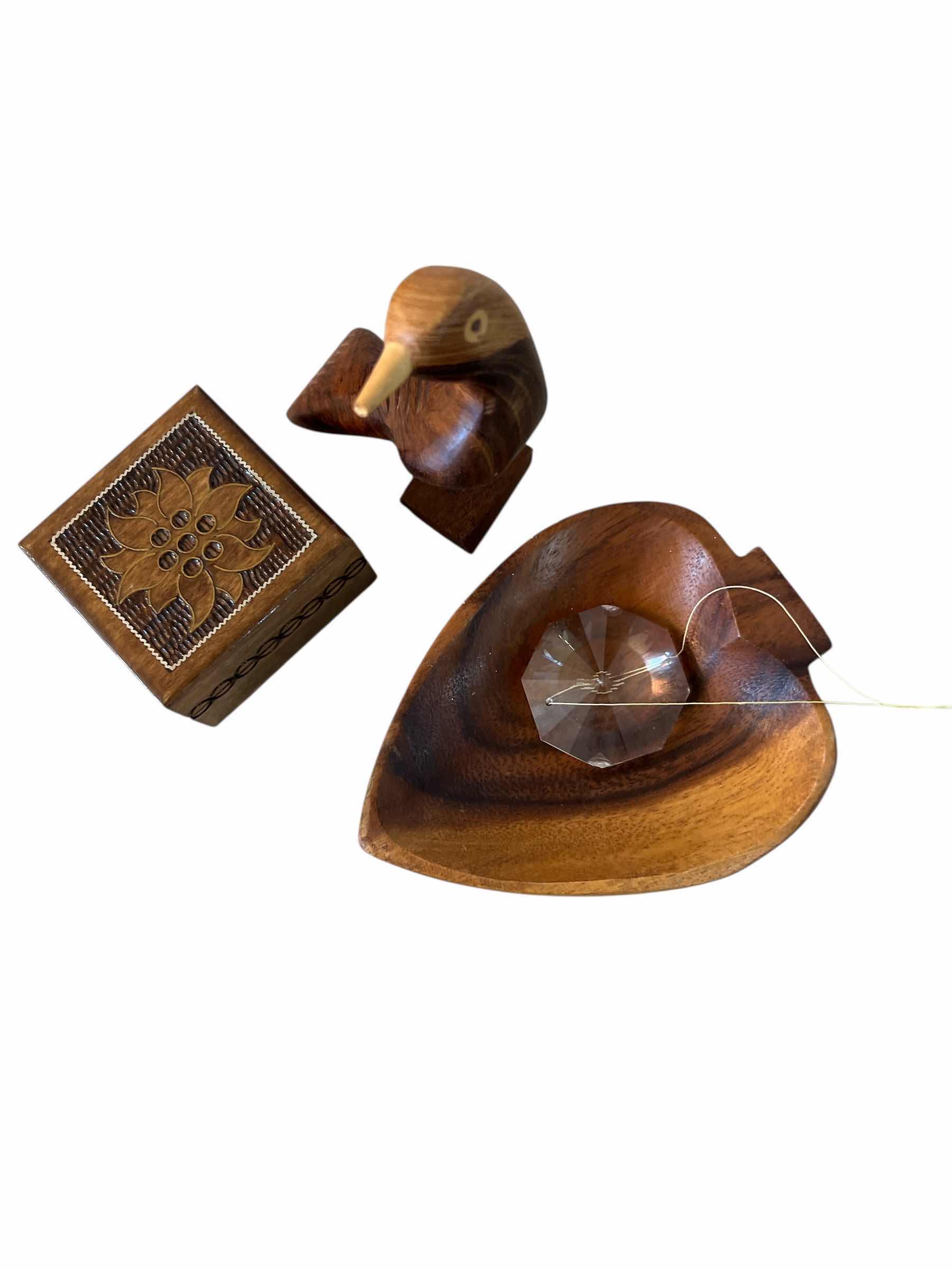 Photo 1 of LOT - WOODEN BIRD FIGURE, SMALL WOODEN BOWL KOA WOOD ,WOODEN TRINKET BOX AND MORE