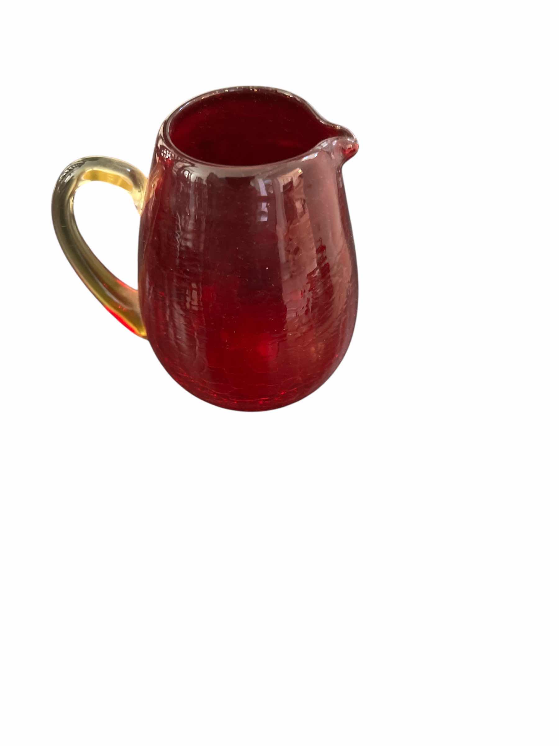 Photo 1 of VINTAGE RED AND AMBER CRACKLE GLASS PITCHER - SMALL