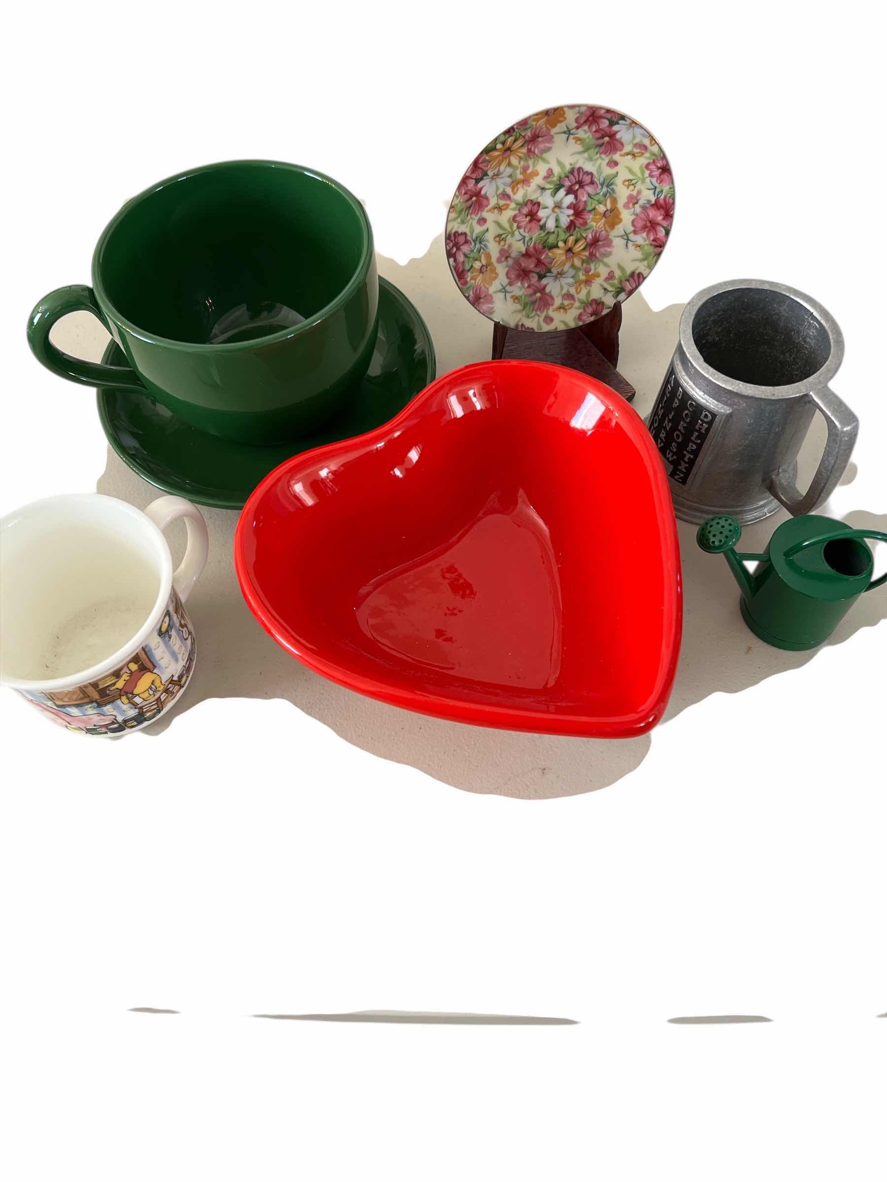 Photo 1 of LOT - LARGE RED HEART BOWL, OVERSIZED COFFEE MUG (5”), CHINA DECOR PLATE ON STAND AND MORE