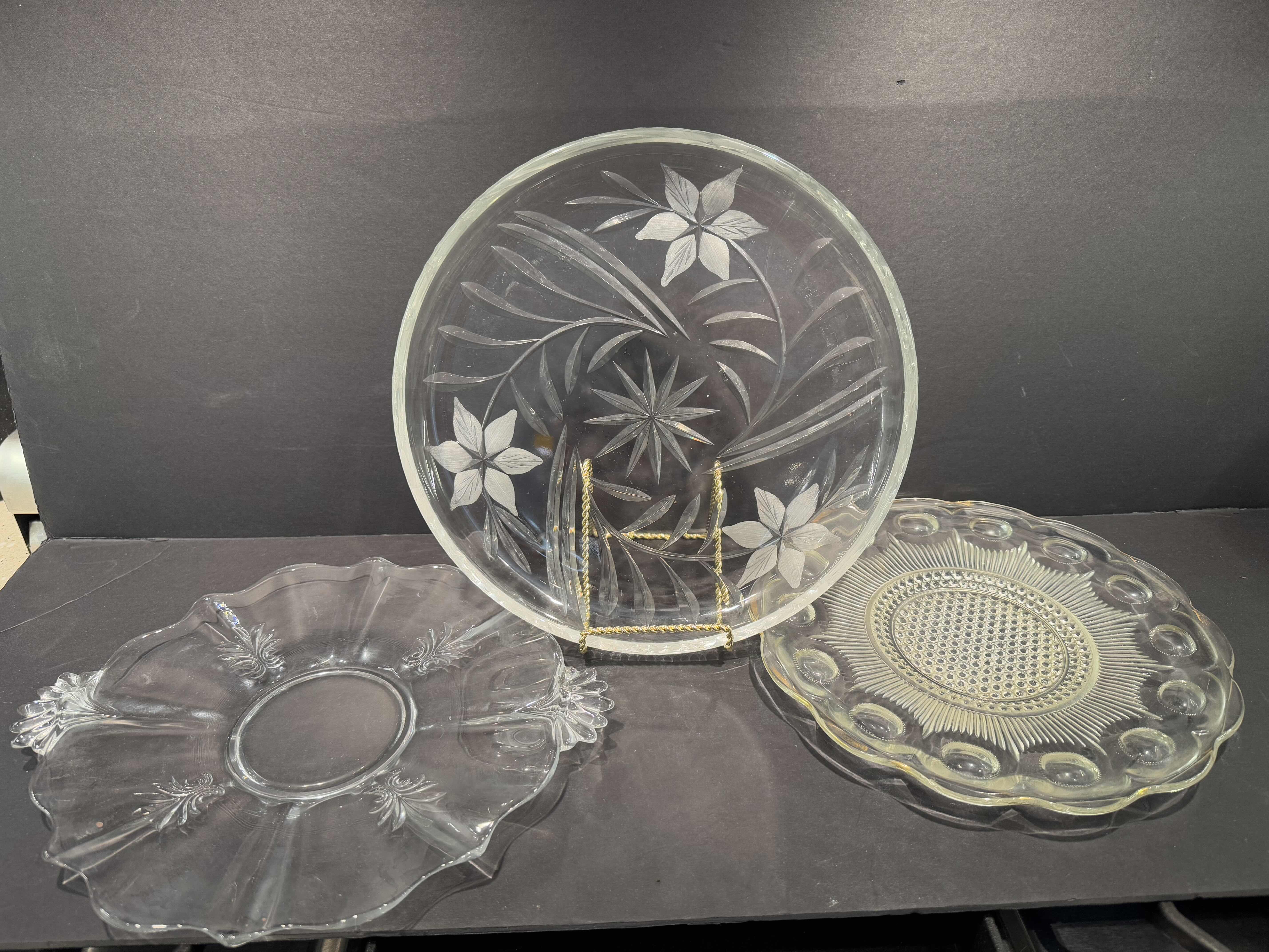 Photo 1 of 3 PIECES- 1) VINTAGE FOSTORIA BAROQUE 13" CLEAR GLASS PLATTER/ SANDWISH PLATE WITH HANDLES AND FLEUR DE LIS , 1) BARTLETT COLLINS MANHATTAN GLASS BOWL, GOLD TRIMMED THUMBPRINT 1) HEAVY 12” CRYSTAL PLATTER