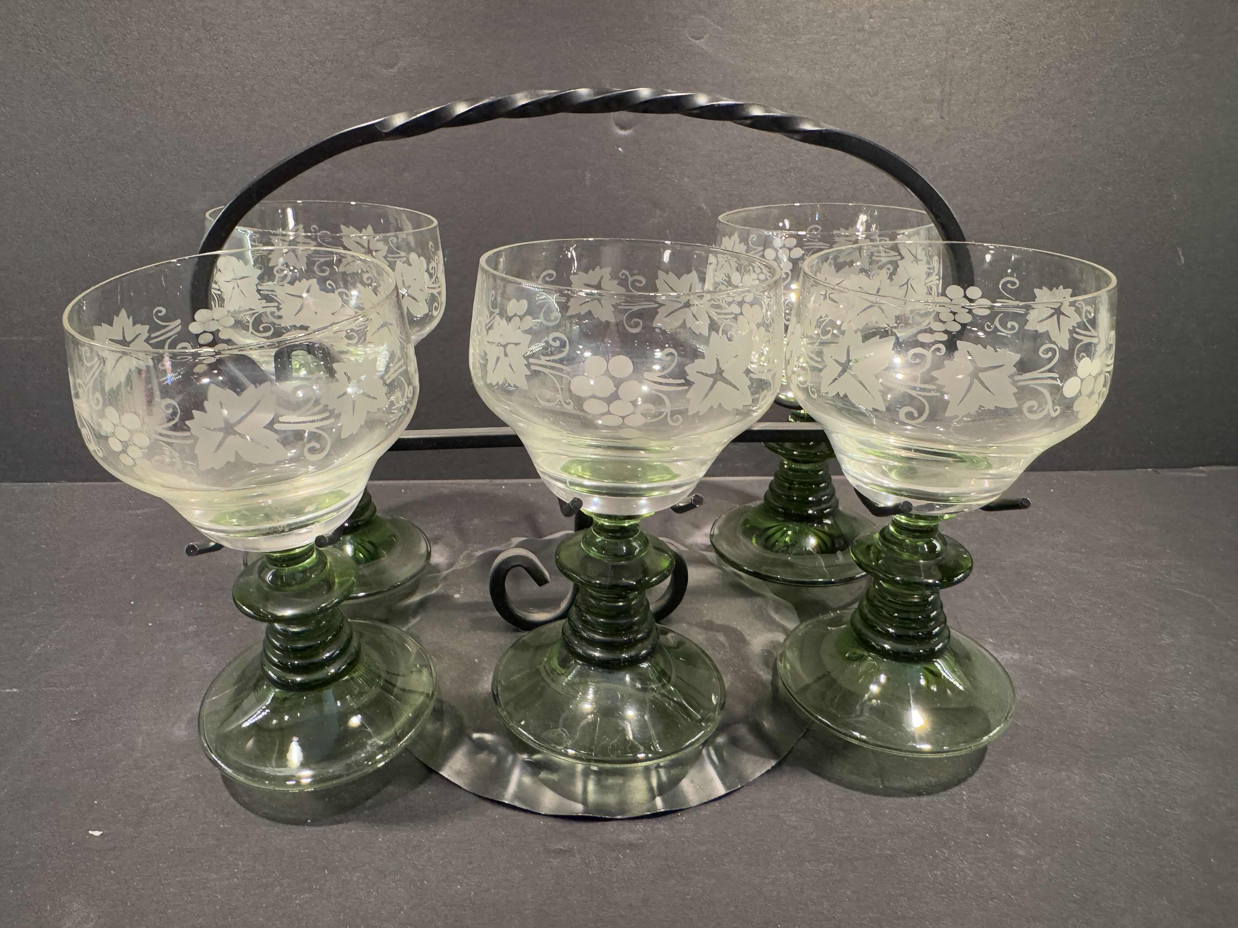 Photo 1 of 5 GERMAN WINE GLASSES WITH HANDLED CARRY STAND
