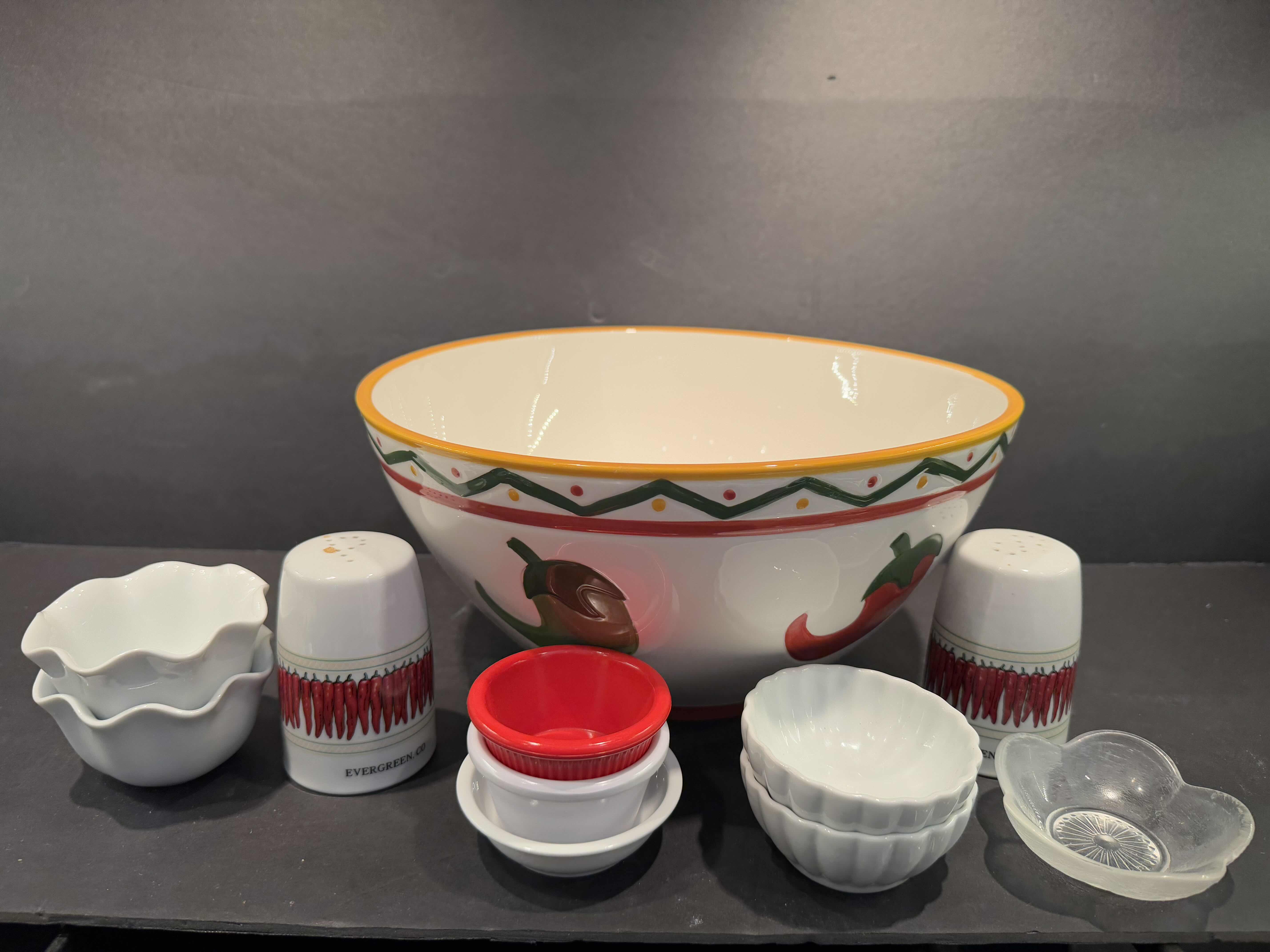 Photo 1 of 12” CHILI PEPPER SERVING BOWL, SALT AND PEPPER & OTHER CONTENTS OF SHELF